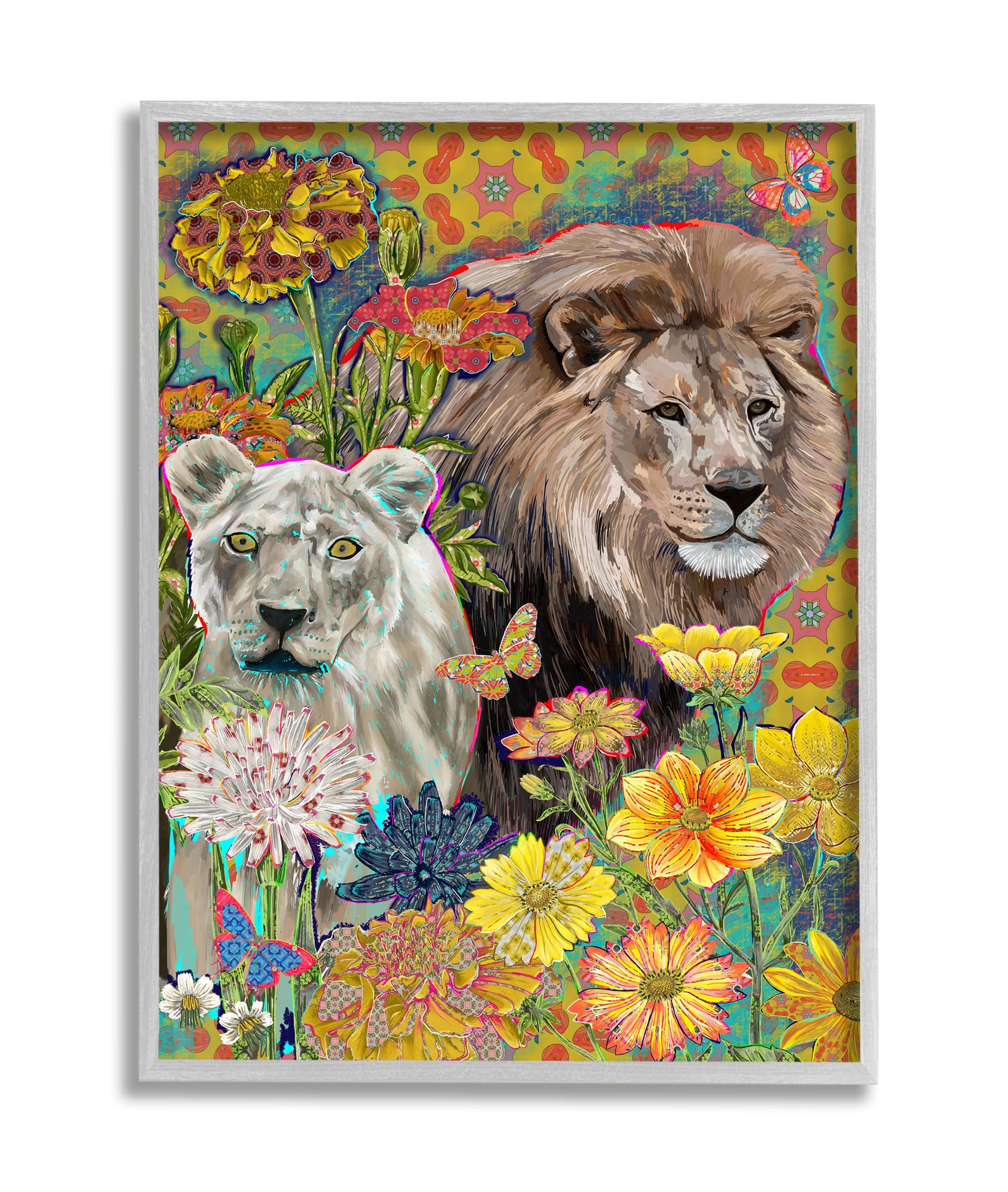 Stupell Industries Lion Couple Behind Tropical Florals Arabesque Pattern in Gray Frame Wall Art