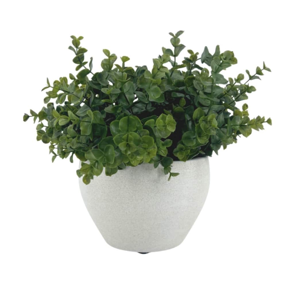 House of Silk Flowers 12" Artificial Eucalyptus in Stone Wash White Ceramic Planter