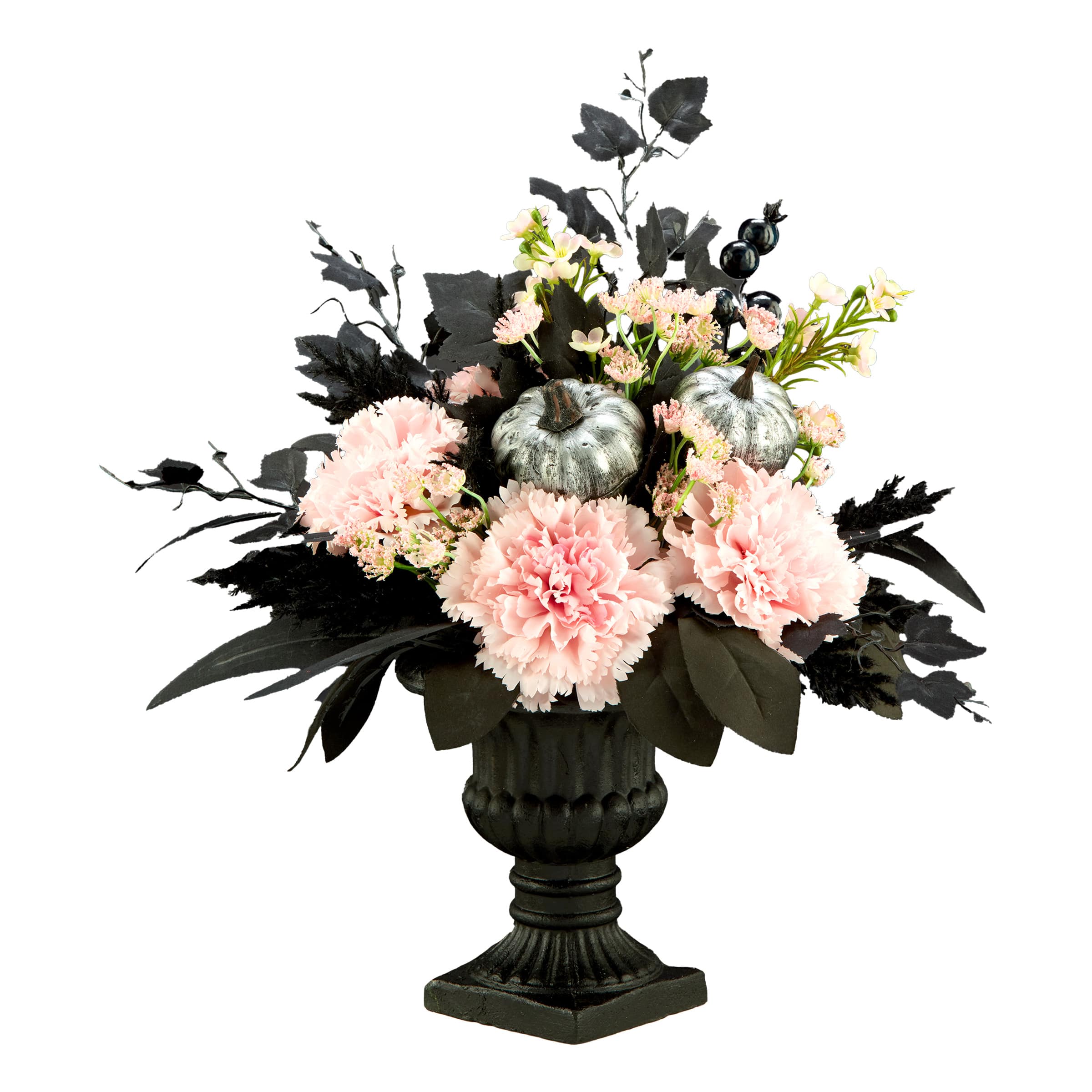 17" Pretty Morbid Pink Carnation Halloween Centerpiece in Black Urn