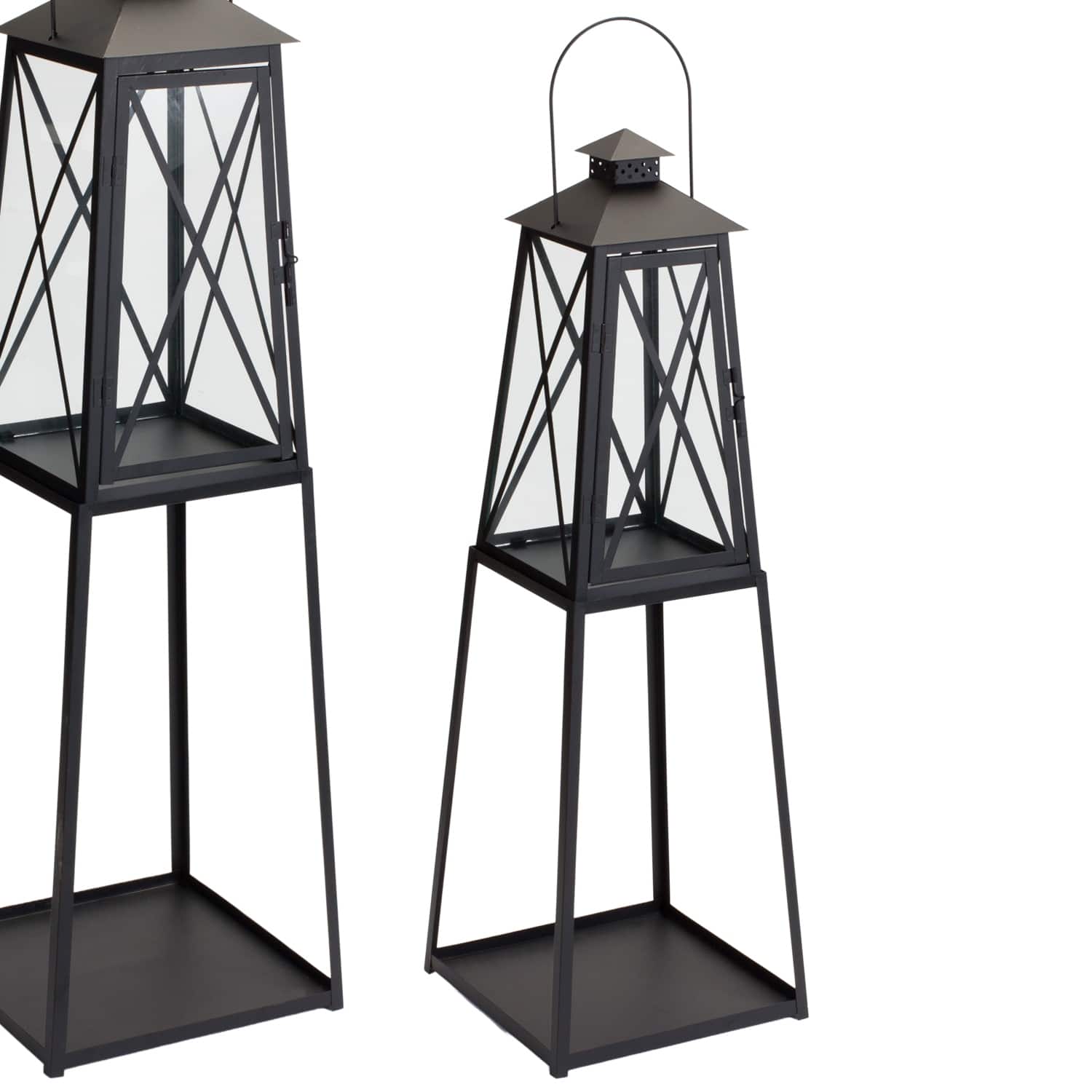 Black Traditional Metal Lantern with Tapered Stand Set