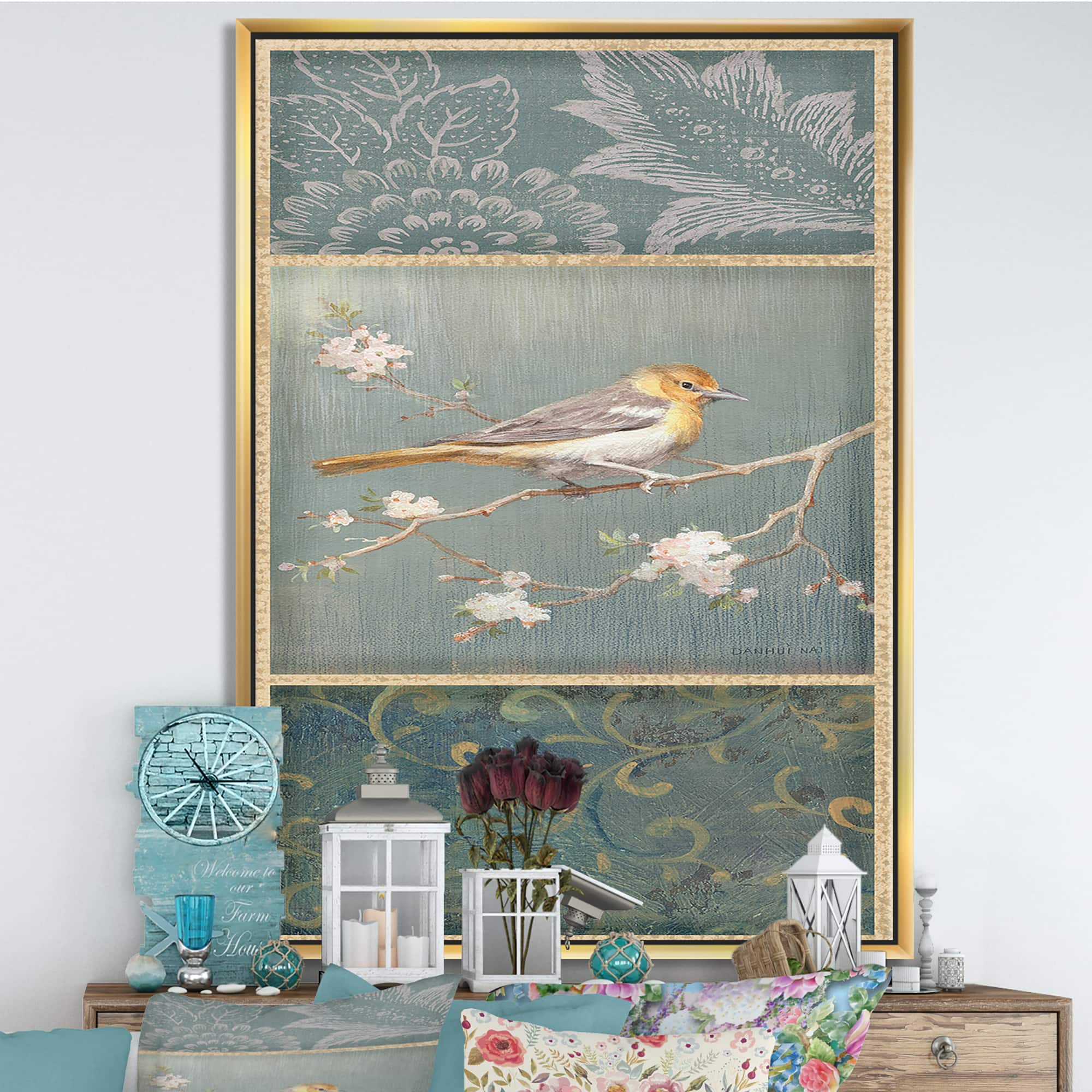 Designart - Farmhouse Triptych of Blue Ornaments And Oriole - Farmhouse Canvas in Gold Frame