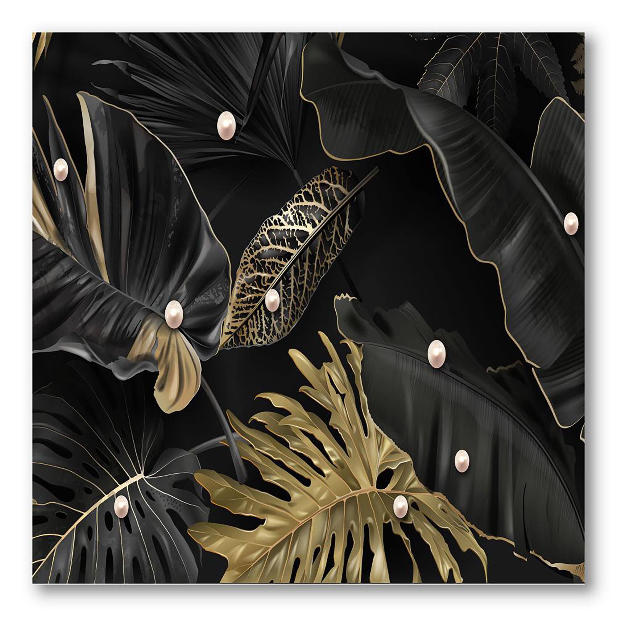 Designart - Black and Gold Tropical Leaves III - Modern Canvas Wall Art Print