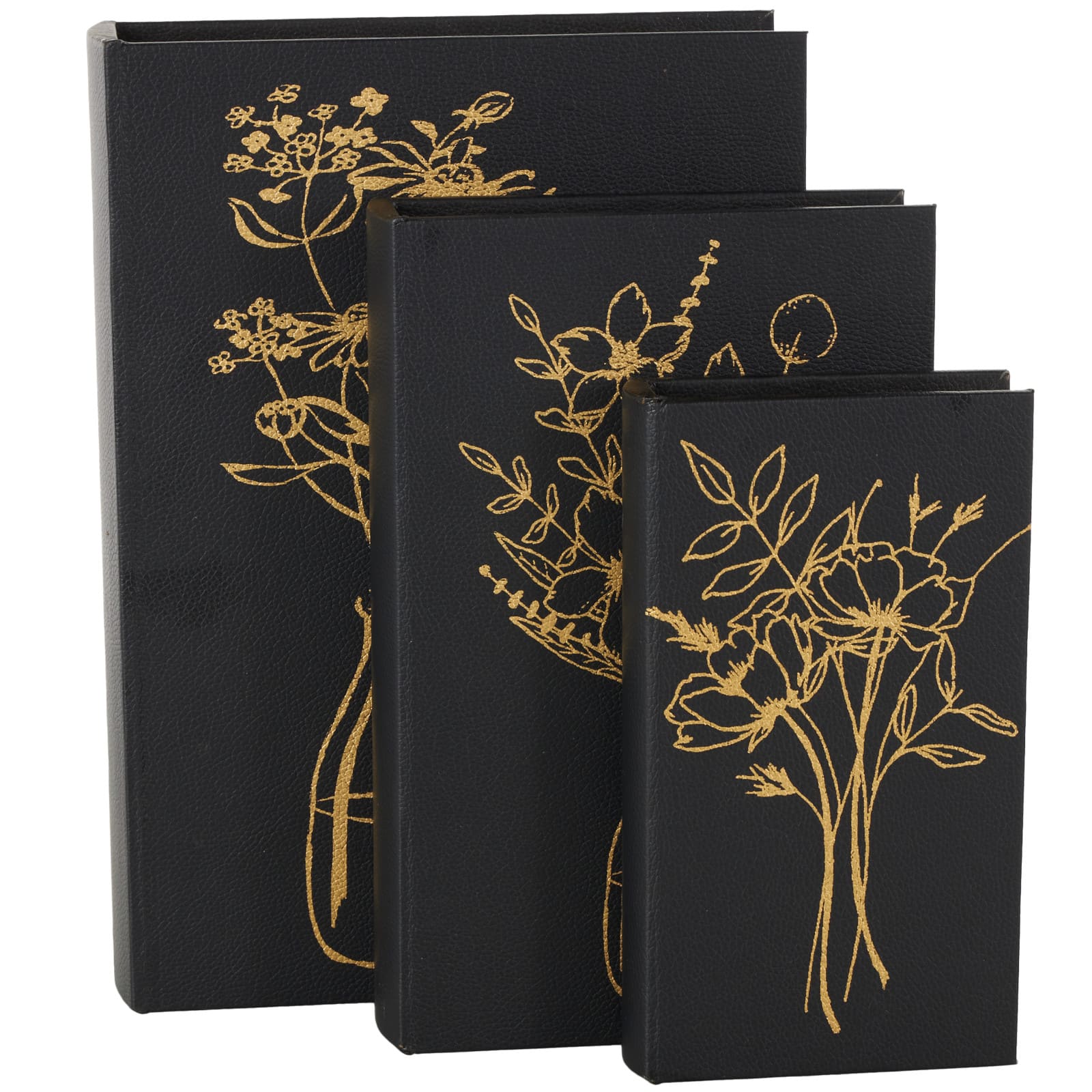 Black & Gold Faux Leather Floral Faux Book Storage Decorative Box Set