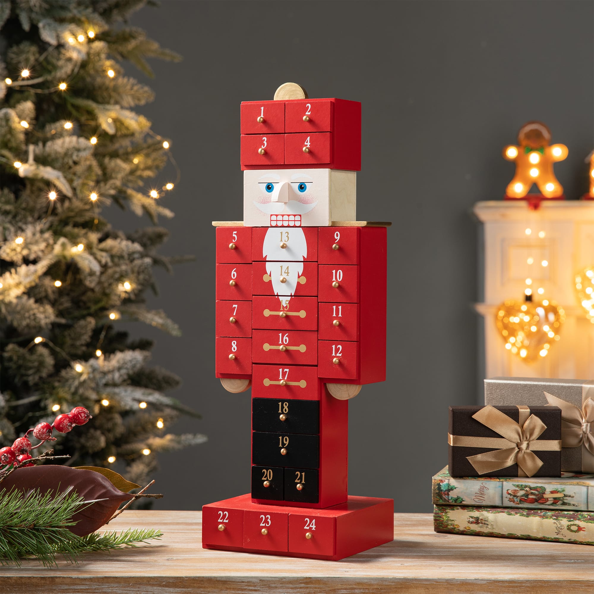 Glitzhome® 17.25'' Wooden Christmas Nutcracker Countdown Calendar Décor with Drawer