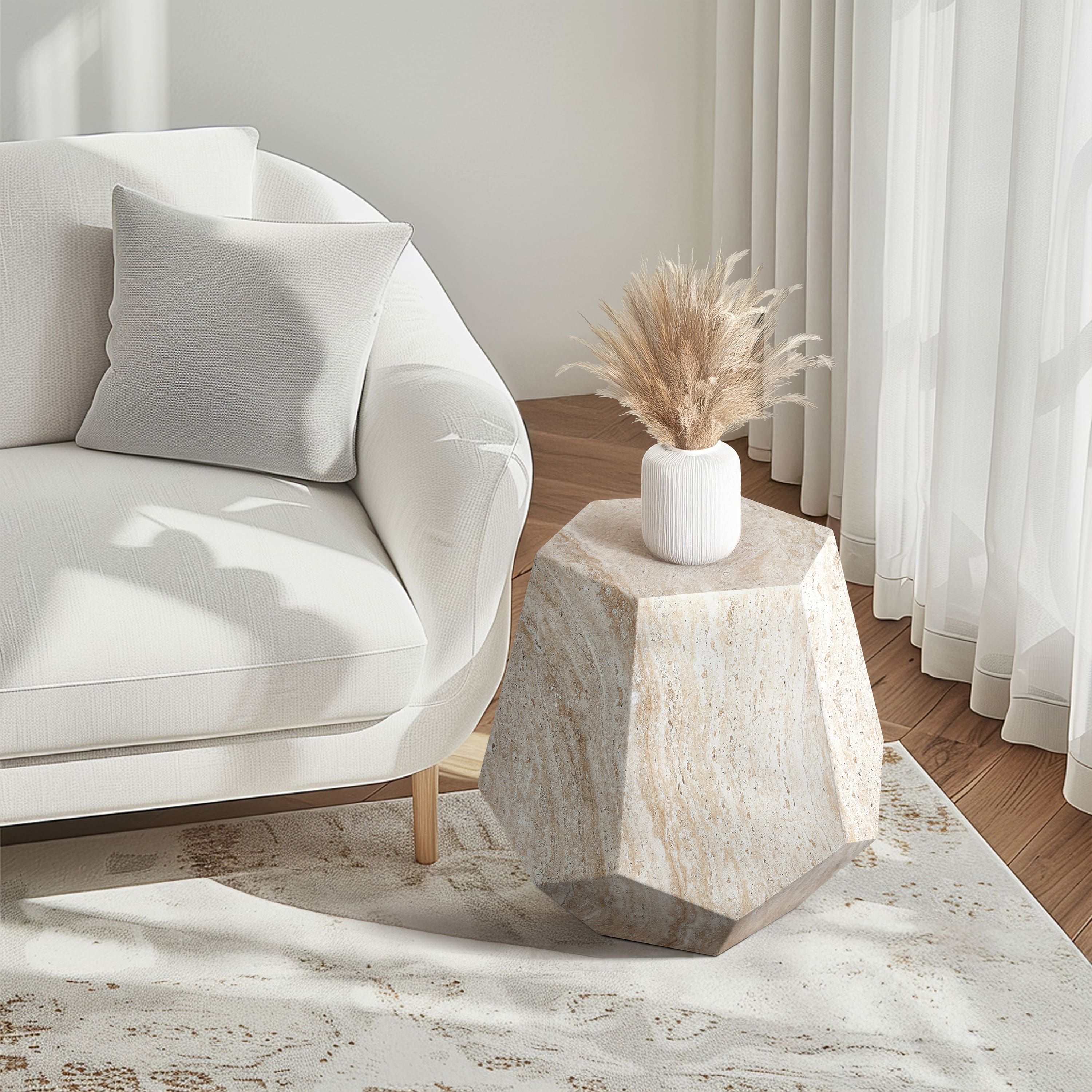 Empire Art Direct 20" Hexagonal Travertine Stone Finish MGO Side Accent Table