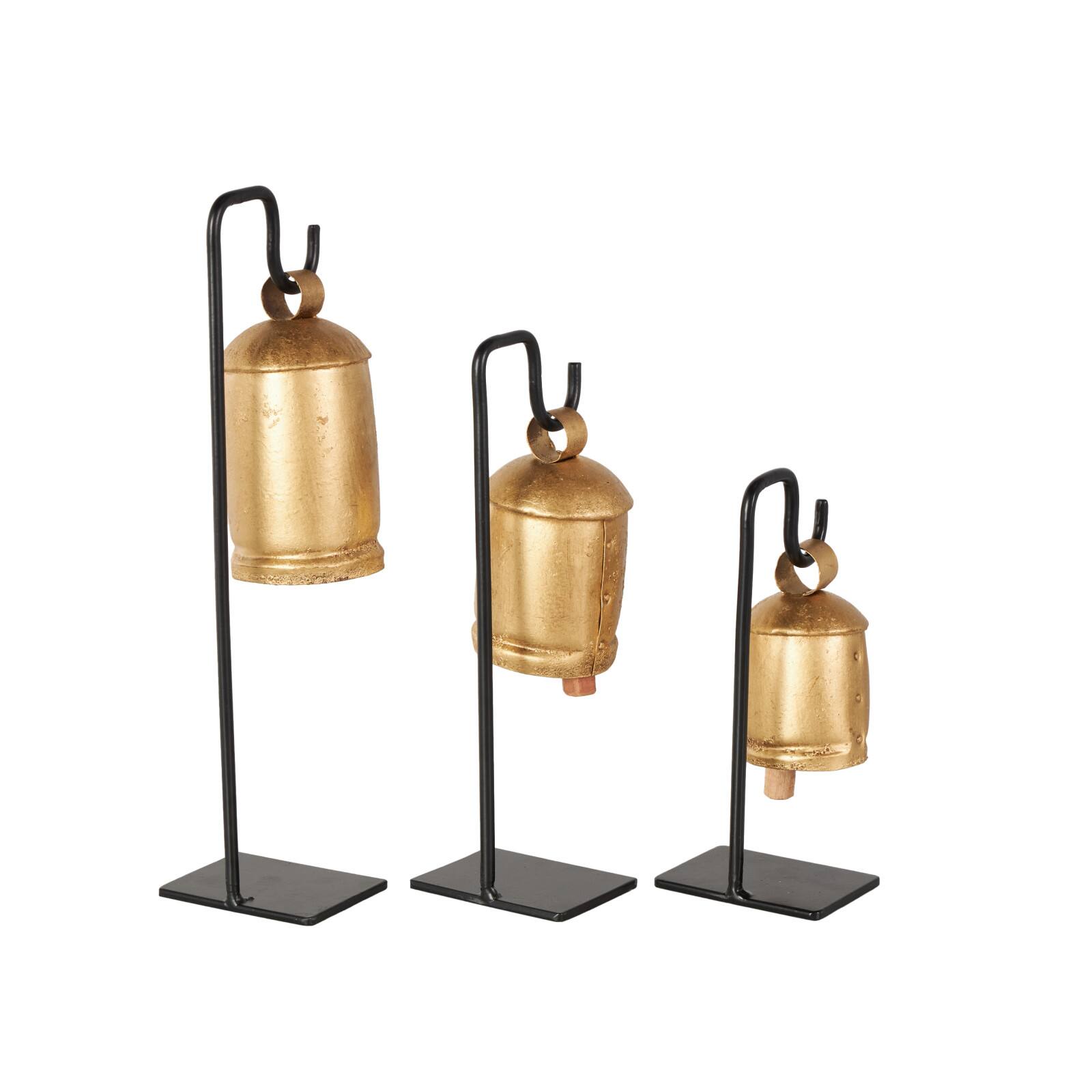 Gold Metal Decorative Cow Bells with Black Stand & Brown Wooden Clapper Set