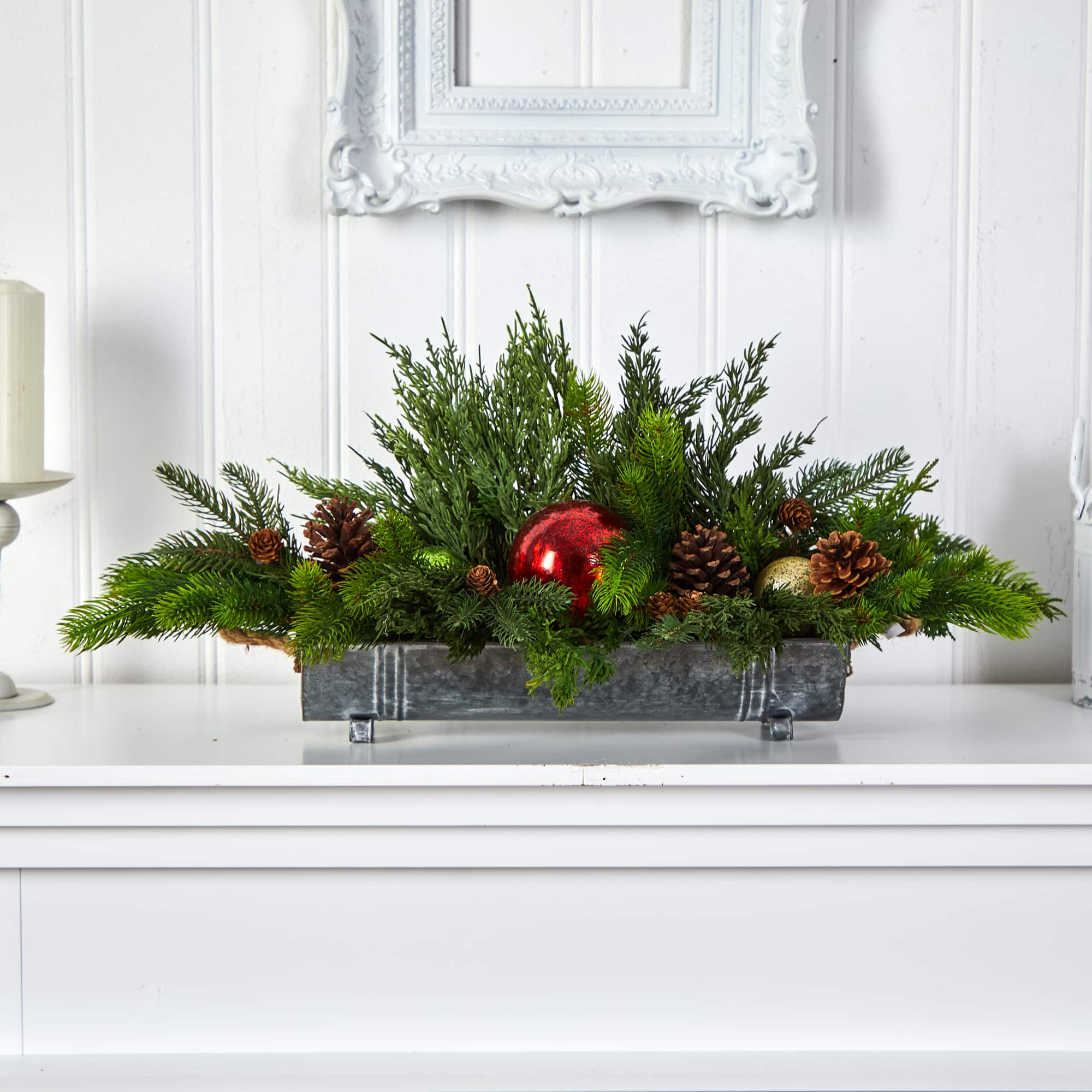 24" Cedar Pine, Pinecones & Ornaments Artificial Christmas Arrangement in Tin Vase