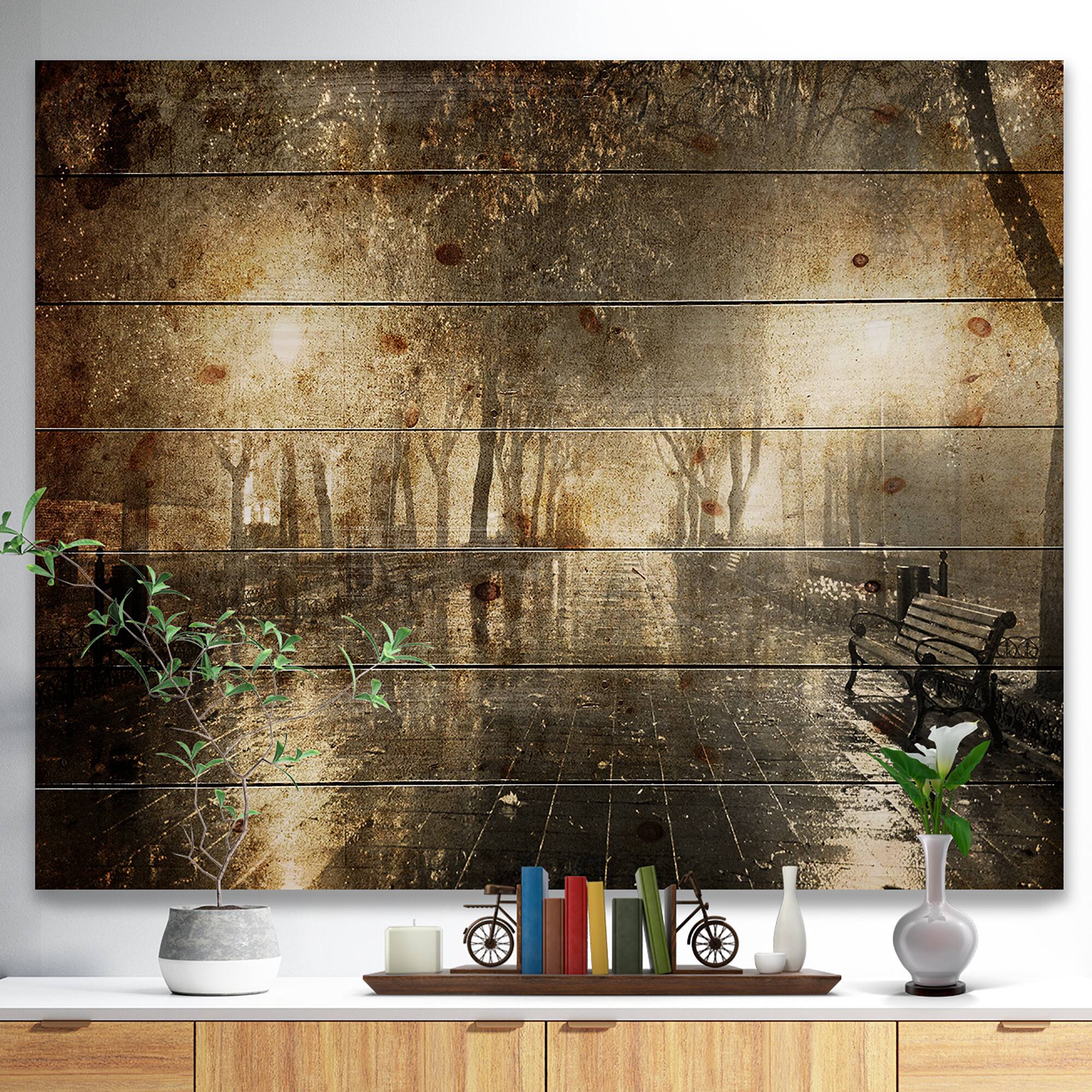 Designart - Night Alley with Lights - Photography Landscape Print on Natural Pine Wood