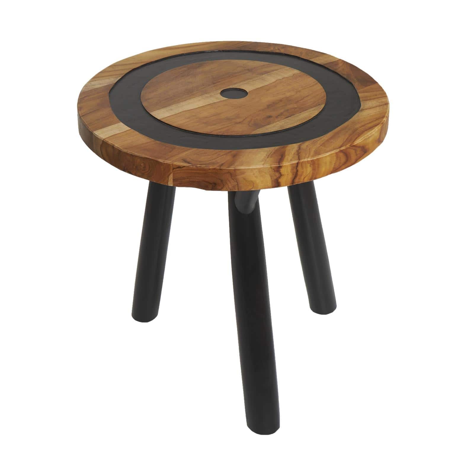 22" Brown Teak Wood Round Accent Table with Geometric Layered Circle Design and Black Legs