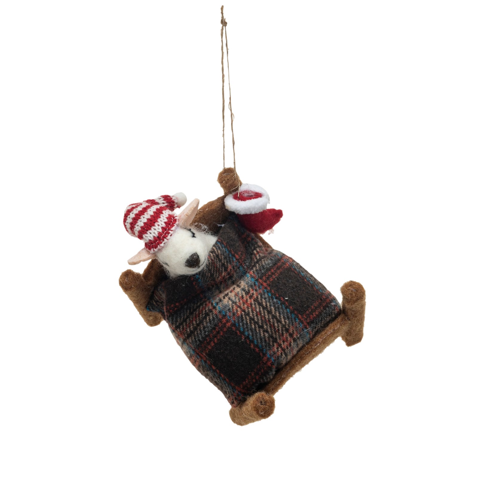 Hello Honey® 6.25" Handmade Wool Felt Mouse in Bed Ornament with Hat & Stocking