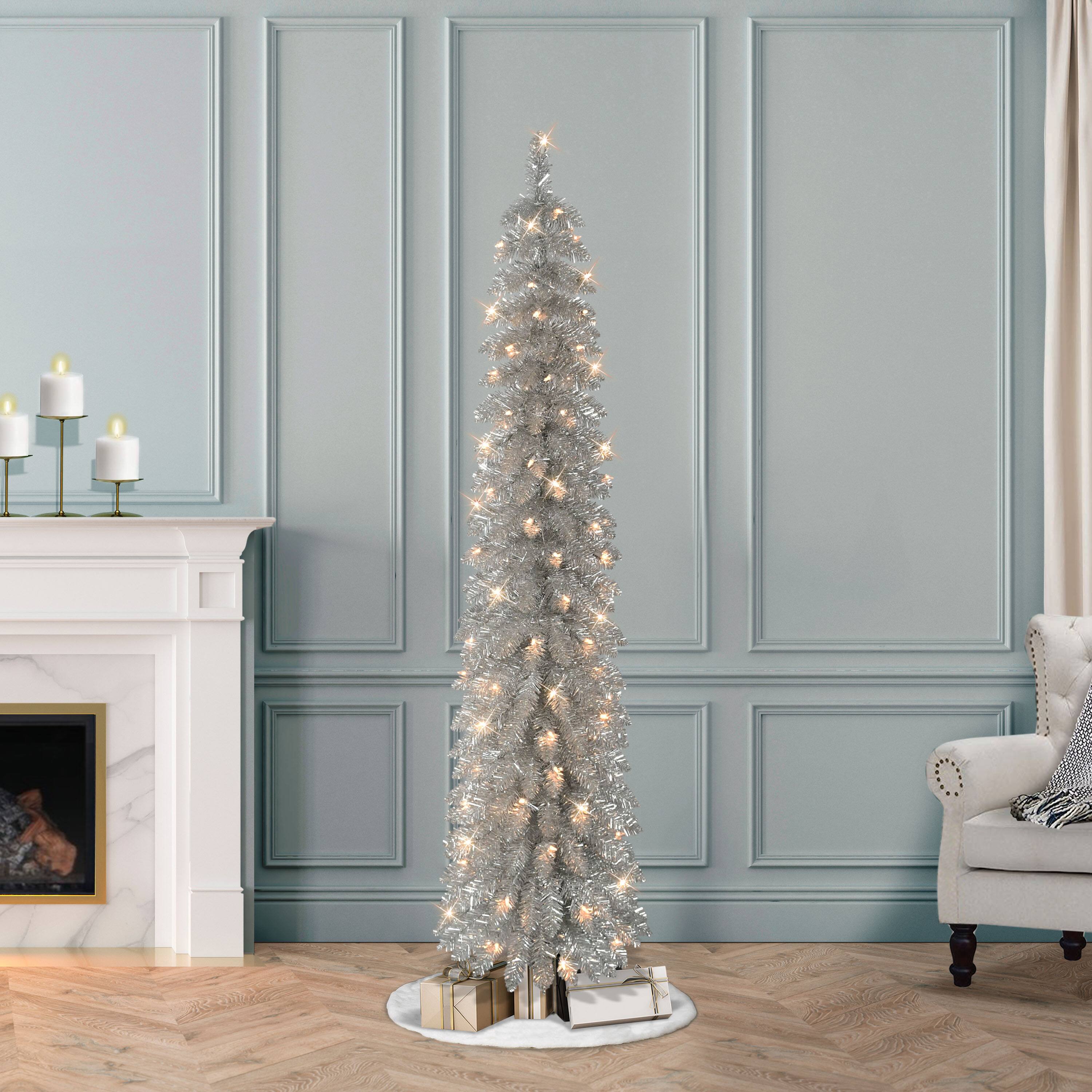 6ft. Pre-Lit Silver Alpine Pencil Artificial Christmas Tree, Clear Lights