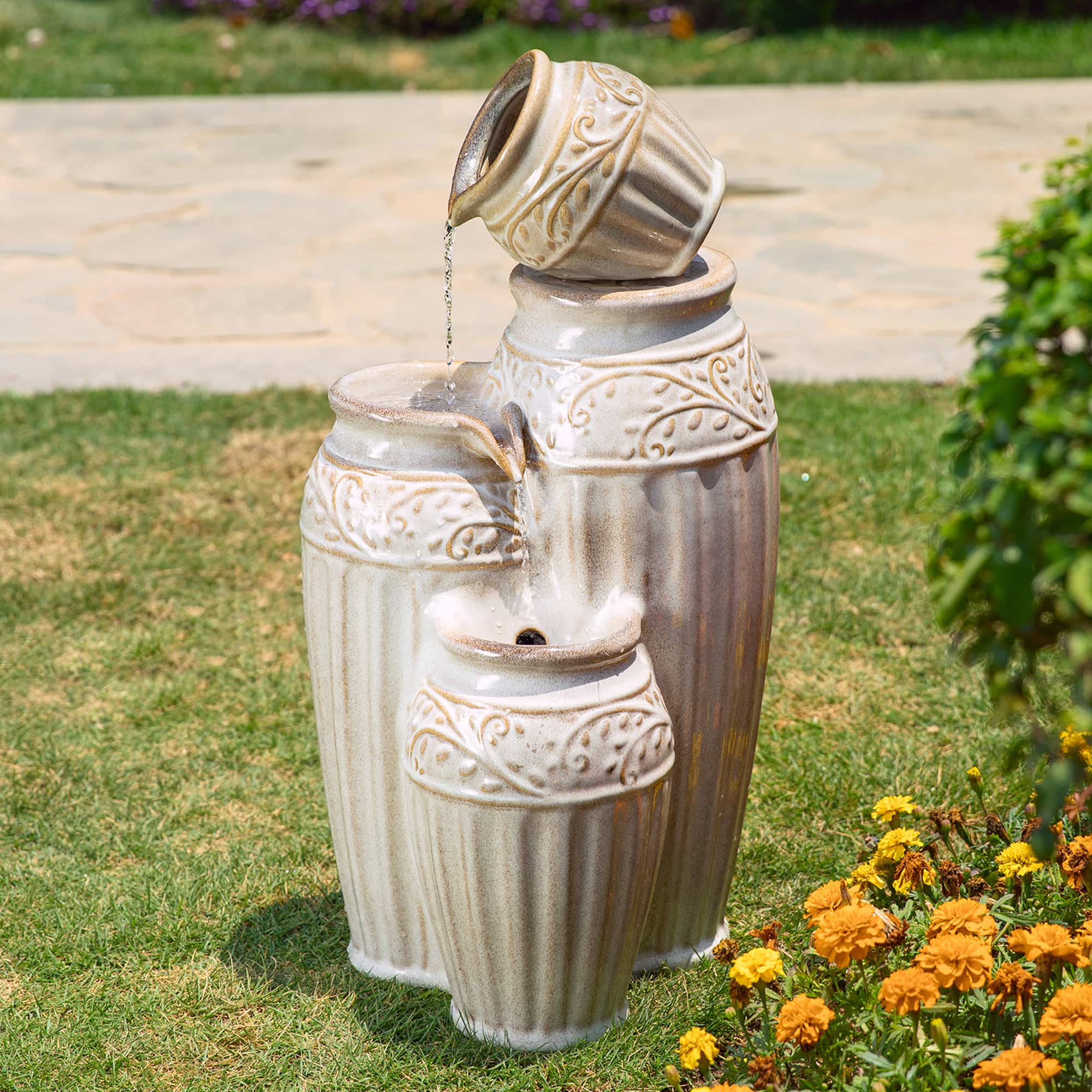 Glitzhome® 27" 4-Tier Sand Beige LED Ceramic Fountain