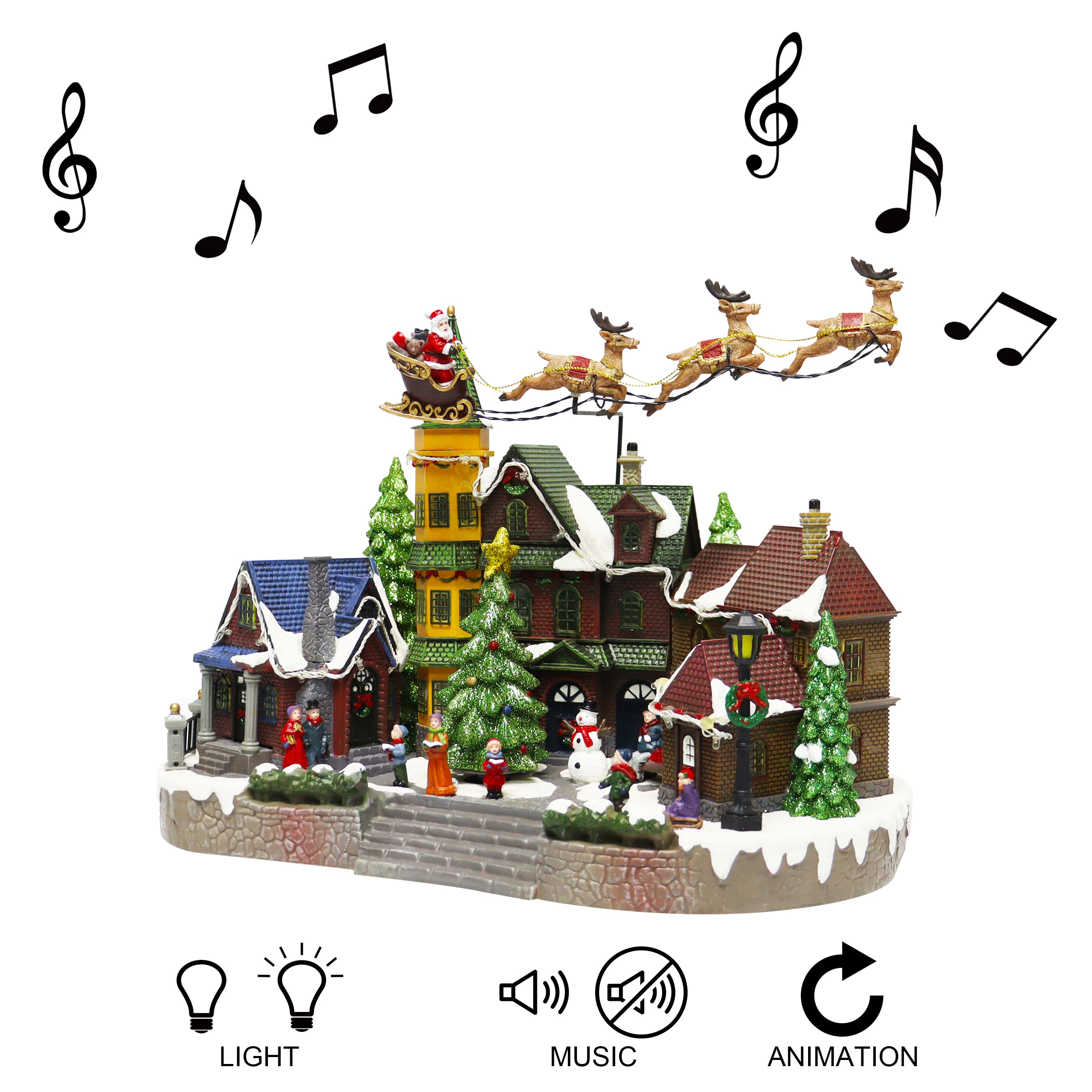 Moments in Time 12.8" Animated Santa Riding Sleigh Flying Over Town Center Décor
