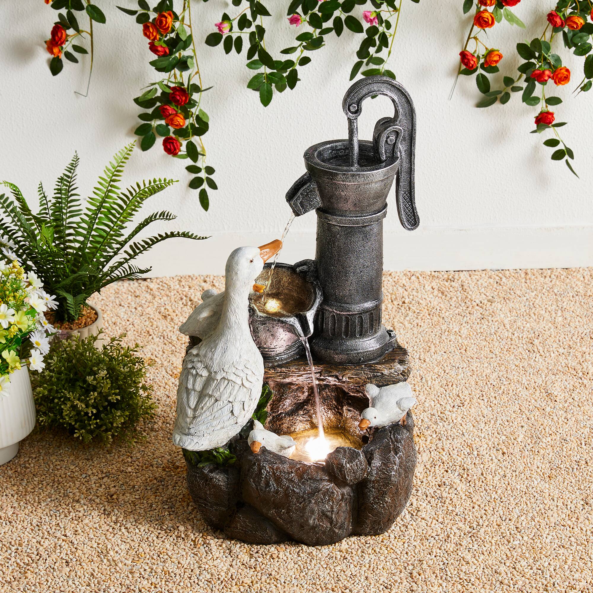 Glitzhome® 23.5" Duck Family Outdoor Fountain with LED Light