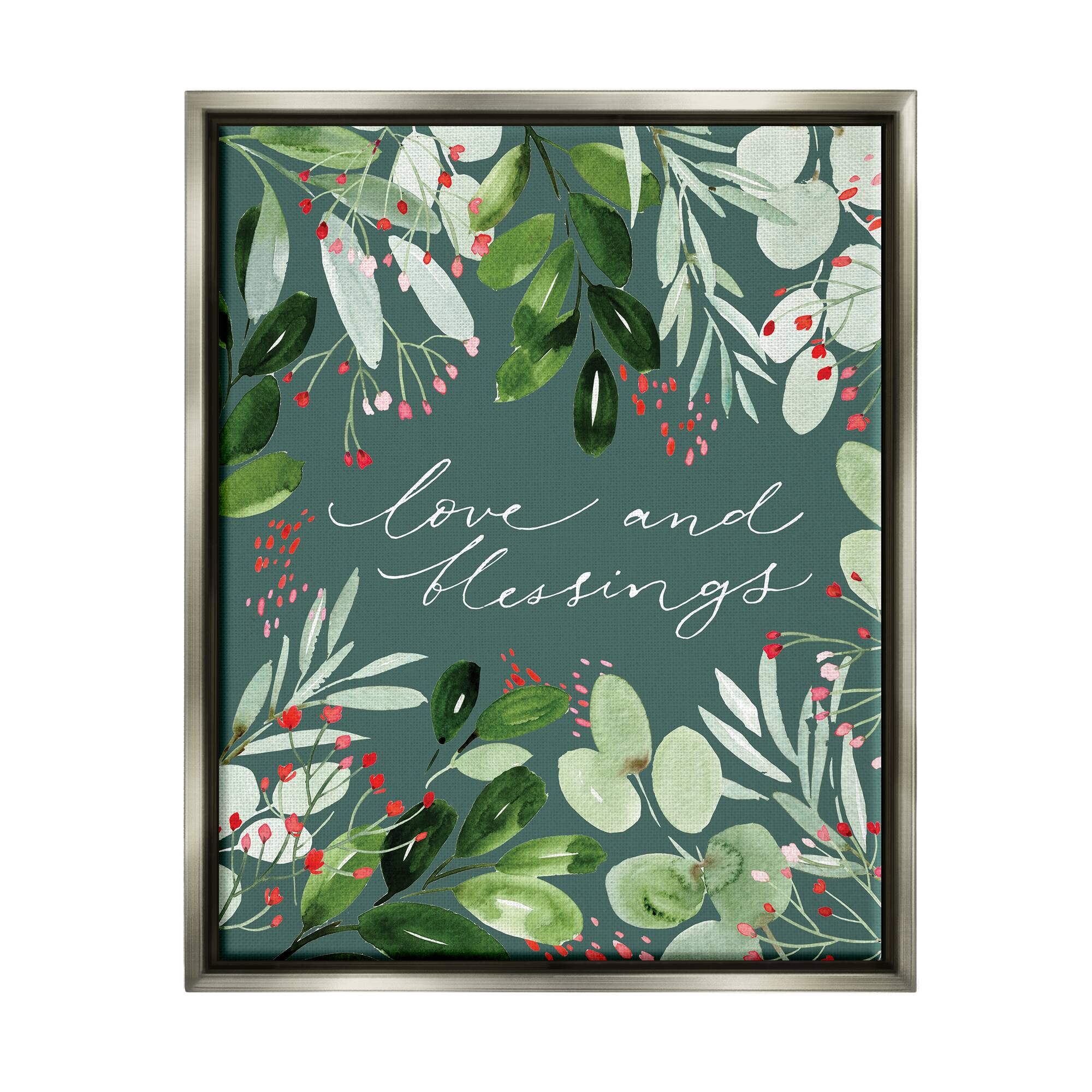 Stupell Industries Love & Blessings Green Floral Leaves Framed Floater Canvas Wall Art