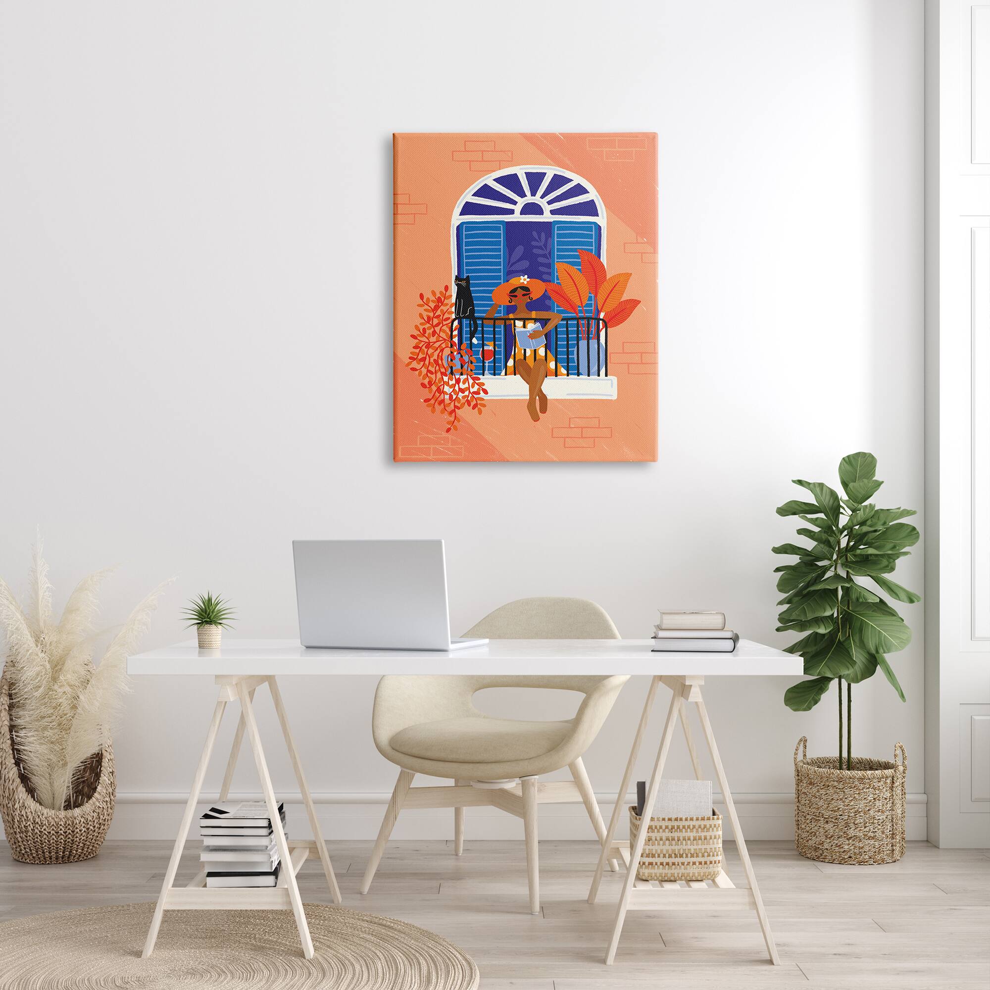 Stupell Industries Woman Reading Balcony Perched Cat Tropical Plants Canvas Wall Art