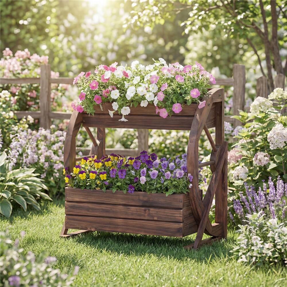 Costway 22" x 13" x 22" 2-Tier Rustic Wood Wagon Planter with Drainage Semi-Wheels Set