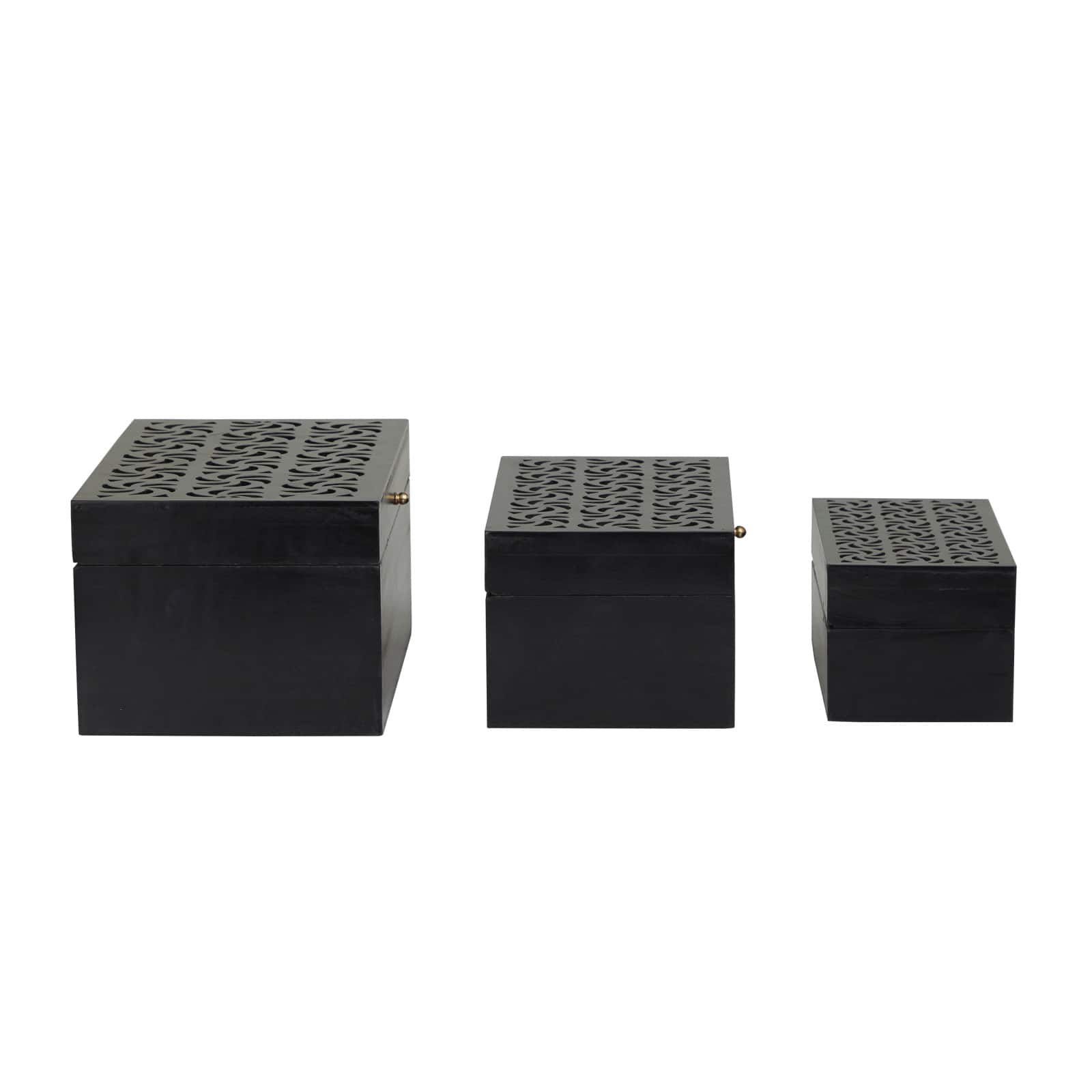 Black Wood Intricate Carved Box with Hinged Lid Set