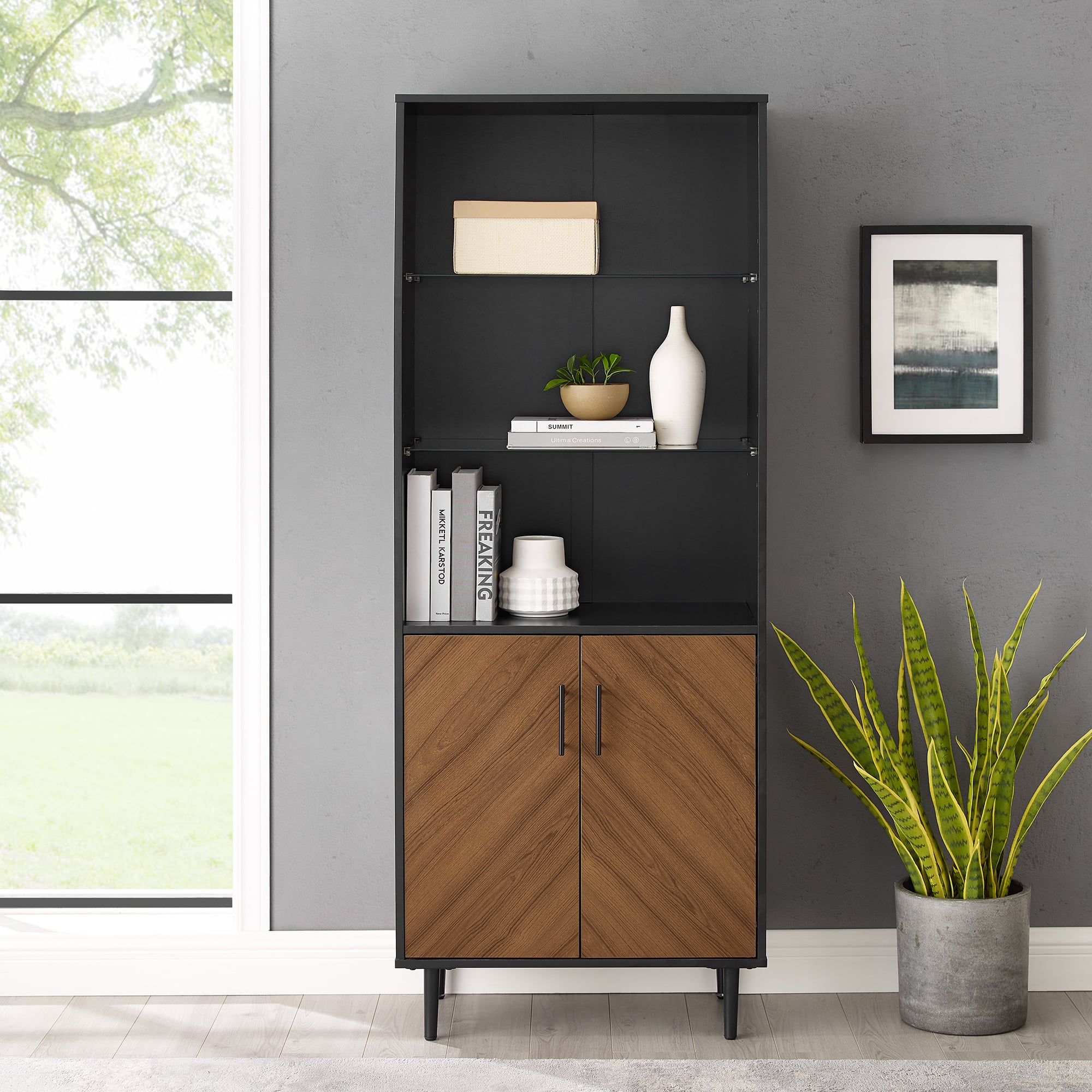 Walker Edison 68" Solid Black Hutch with Bookmatch Doors