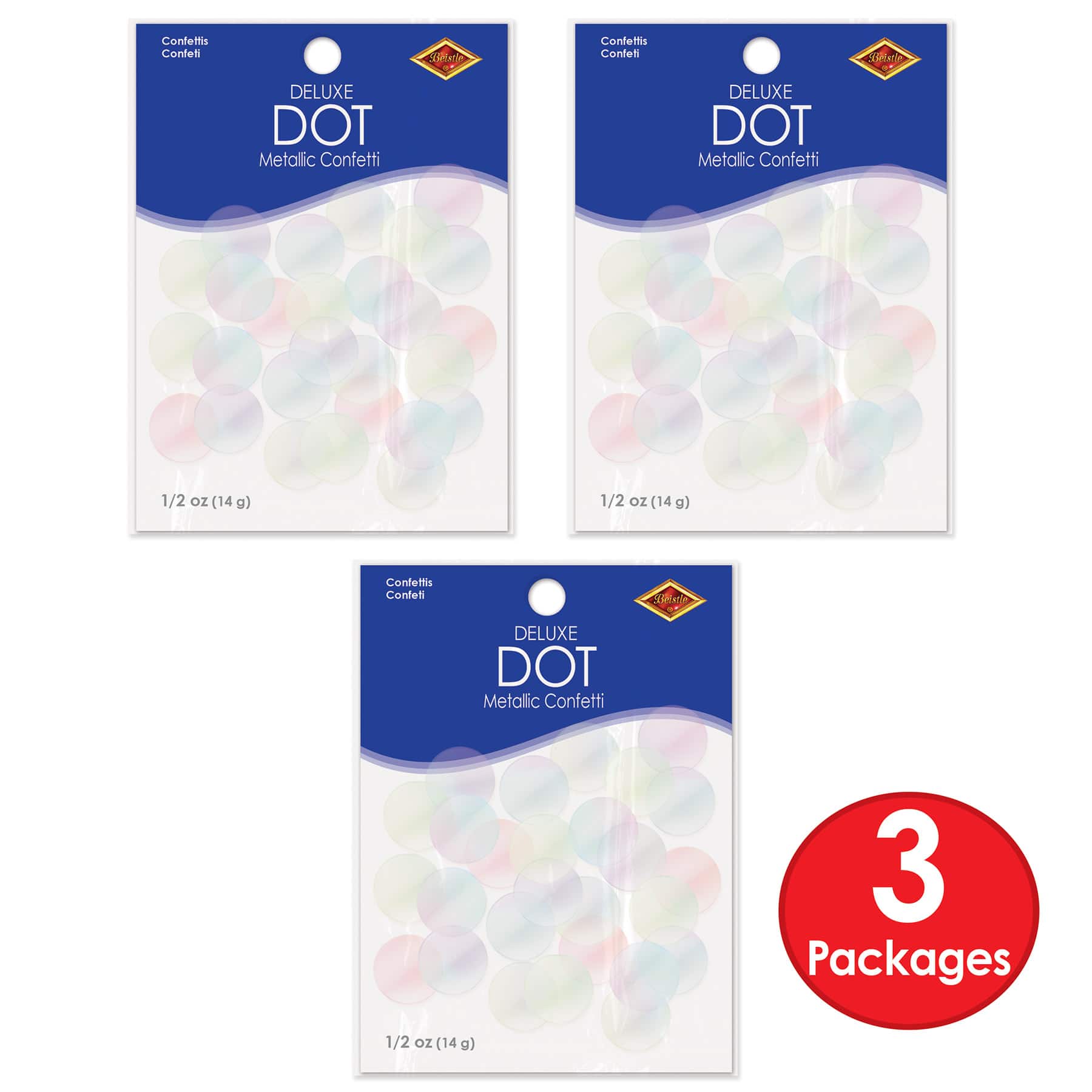 Beistle 1/2oz. Opalescent Metallic Deluxe Dot Confetti Packs, 3ct.