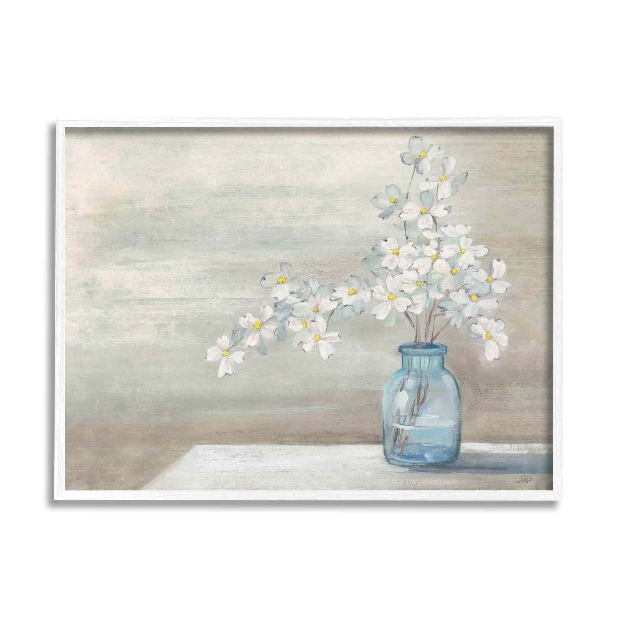 Stupell Industries Classic Dogwood White Florals Blue Jar Country Flowers Framed Wall Art