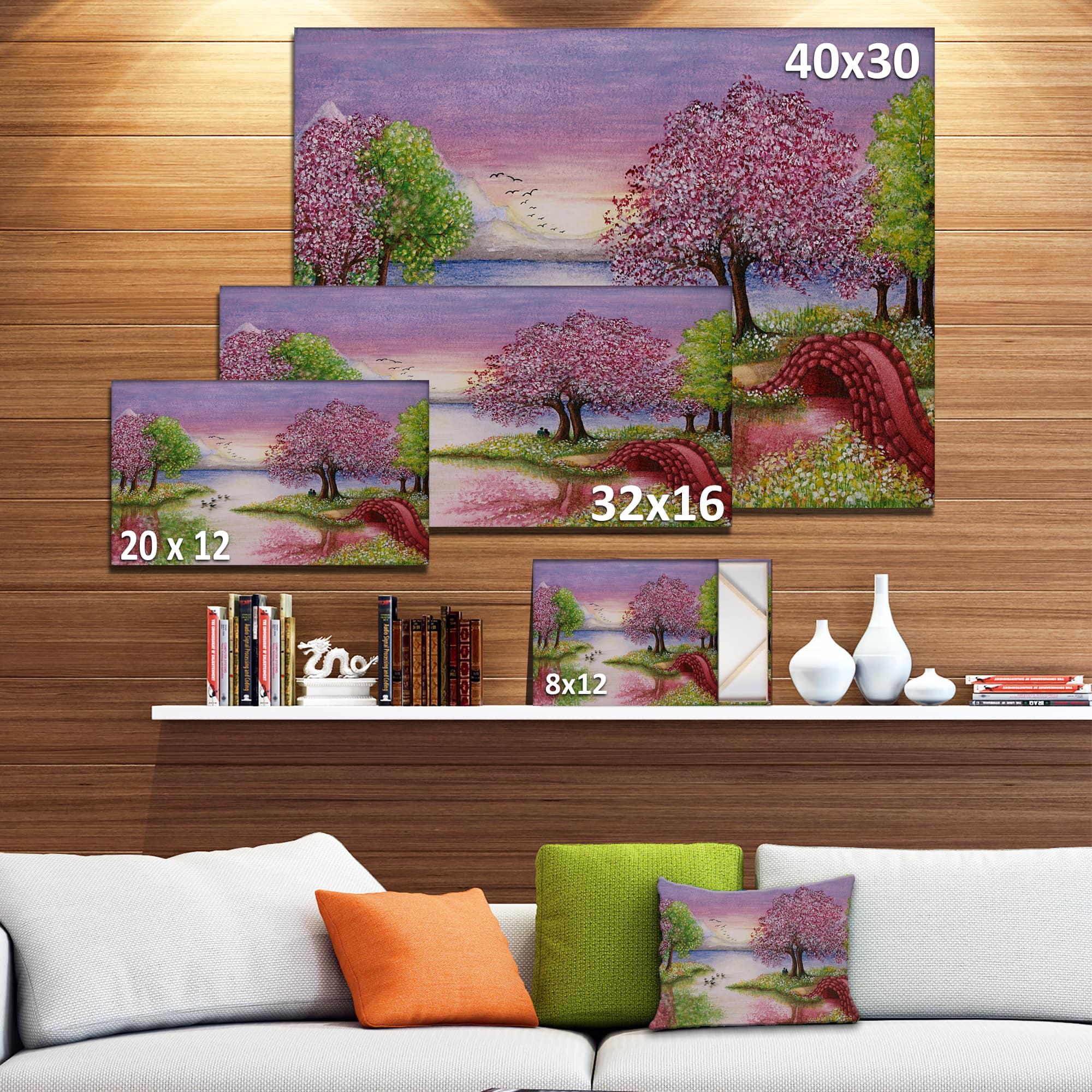 Designart - Romantic Lake in Pink and Green - Extra Large Wall Art Landscape