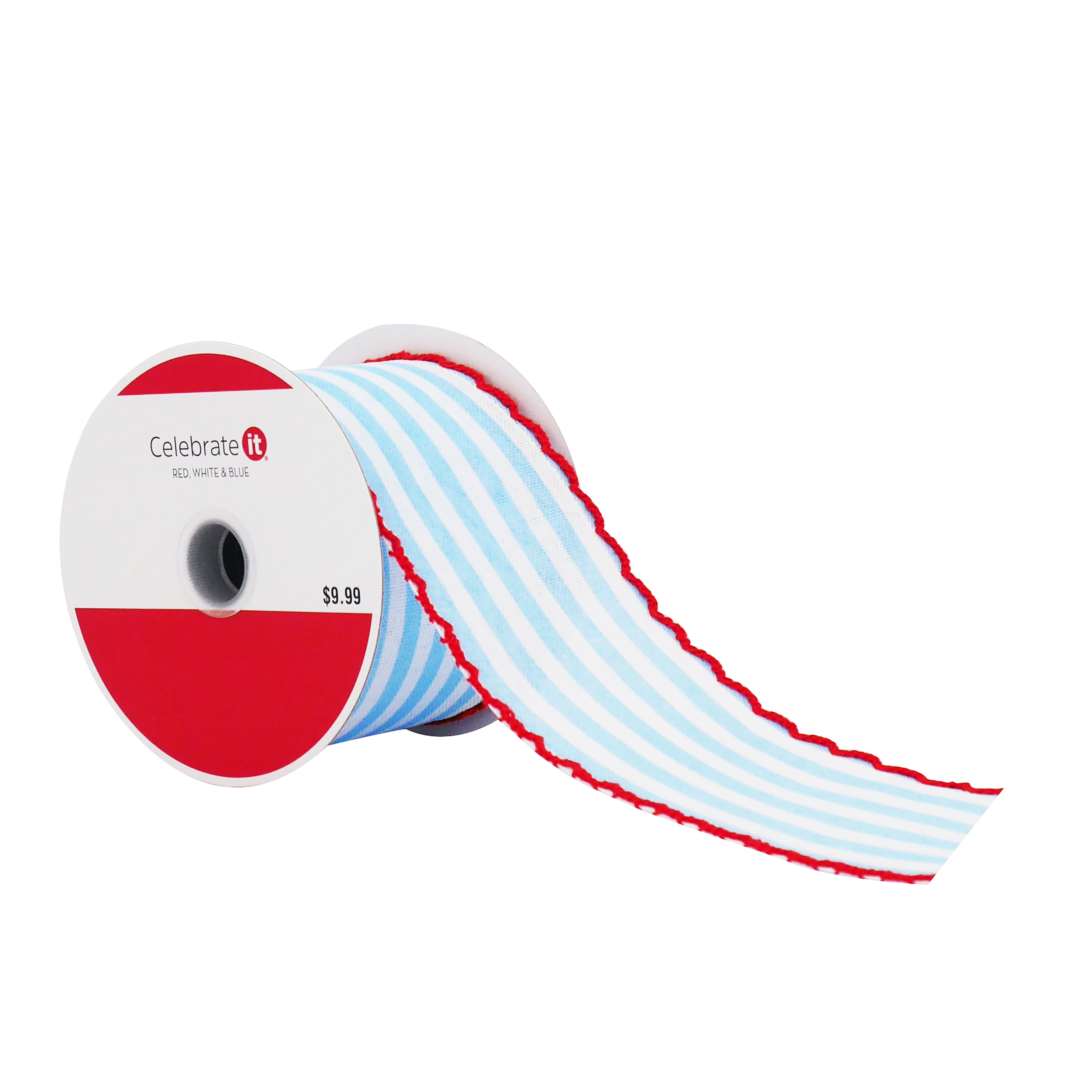 2.5" x 5yd. Blue & White Stripes with Red Edge Wired Cross Linen Ribbon by Celebrate It®