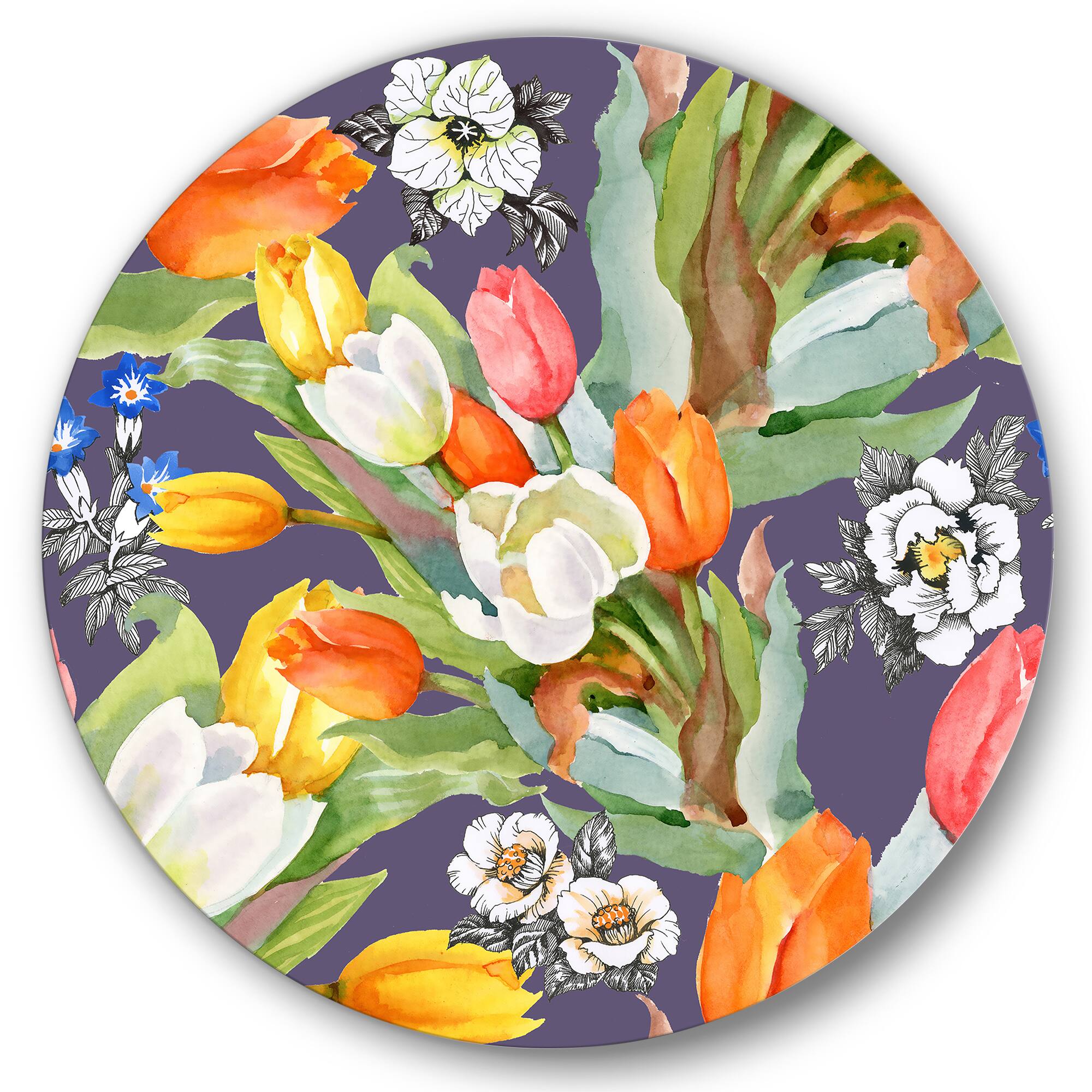 Designart - Blooming White and Orange Tulips VI - Traditional Metal Circle Wall Art