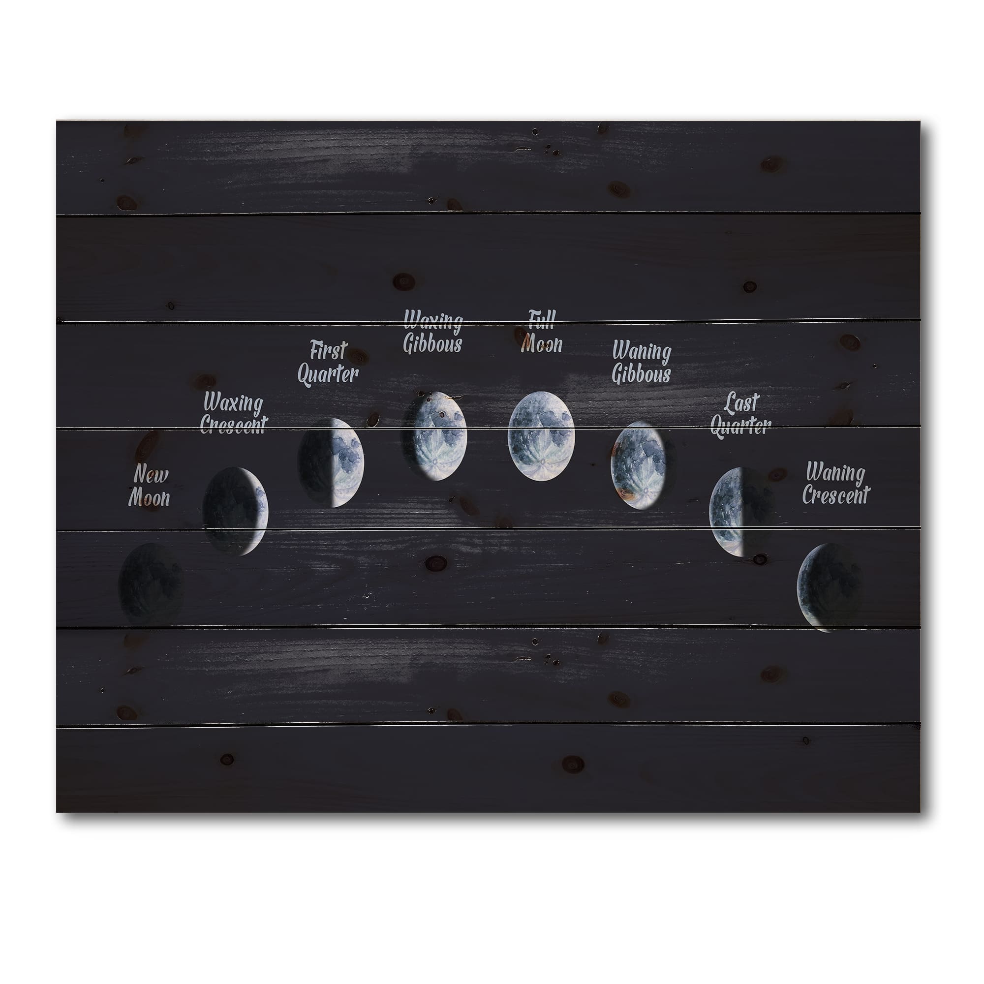 Designart - Moon Phases In Space - Bohemian & Eclectic Print on Natural Pine Wood