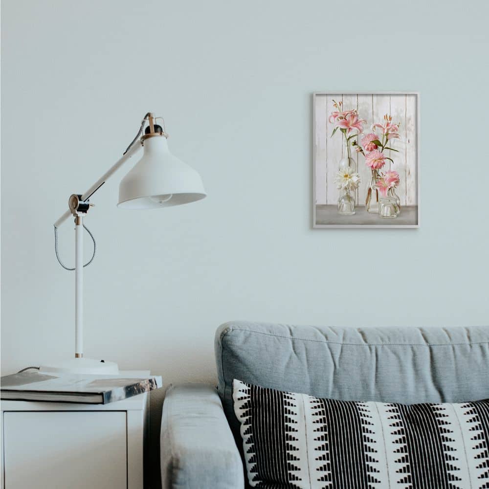 Stupell Industries Spring Pink Florals in Glass Jars Feminine Rustic Flowers in Gray Frame Wall Art