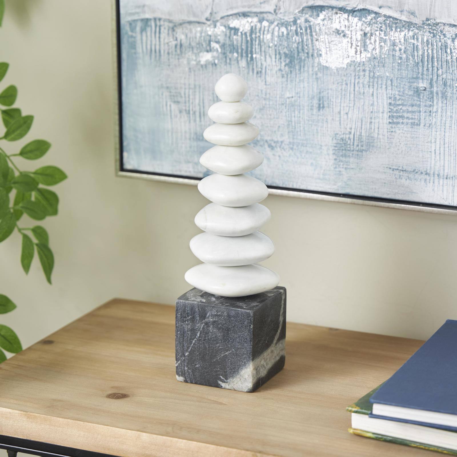 White & Black Abstract Stacked Stone Marble Sculpture with Block Base