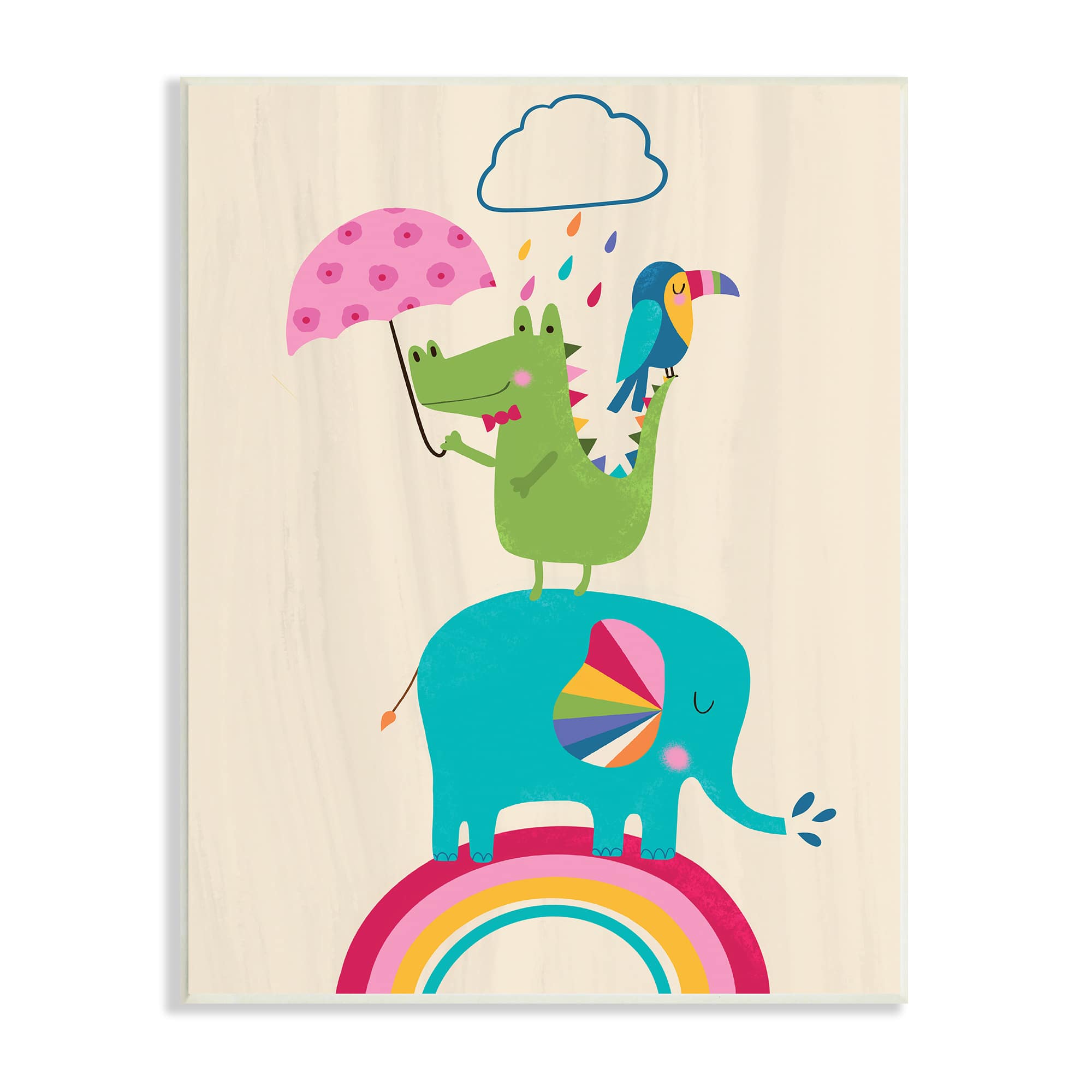 Stupell Industries Animals Standing on Rainbow Kid's Elephant Alligator Toucan Wall Plaque