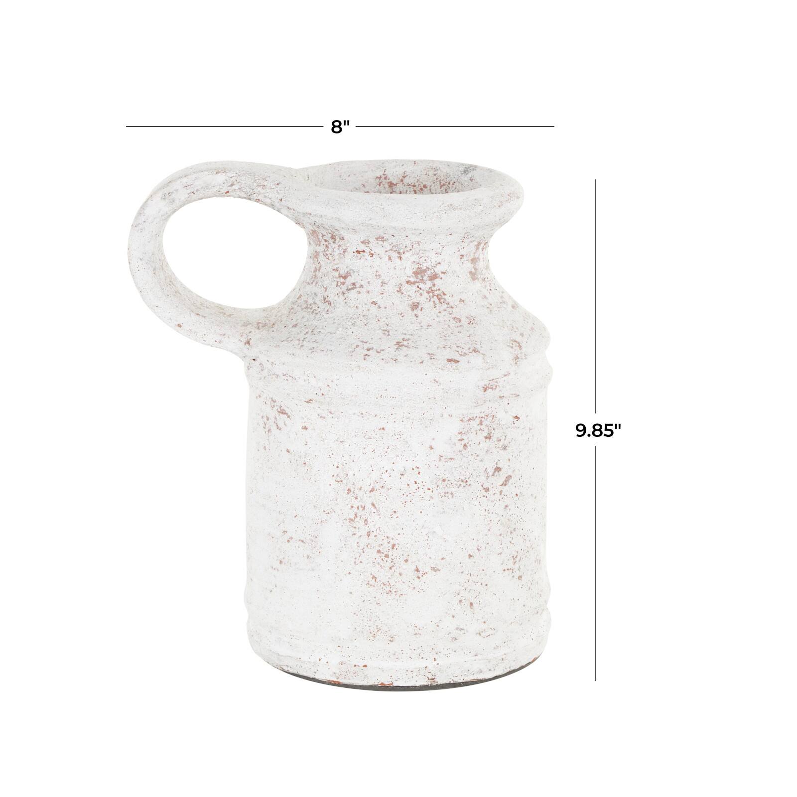 10" White Ceramic Antique Style Textured Vase with Terracotta Accents and Ring Handle