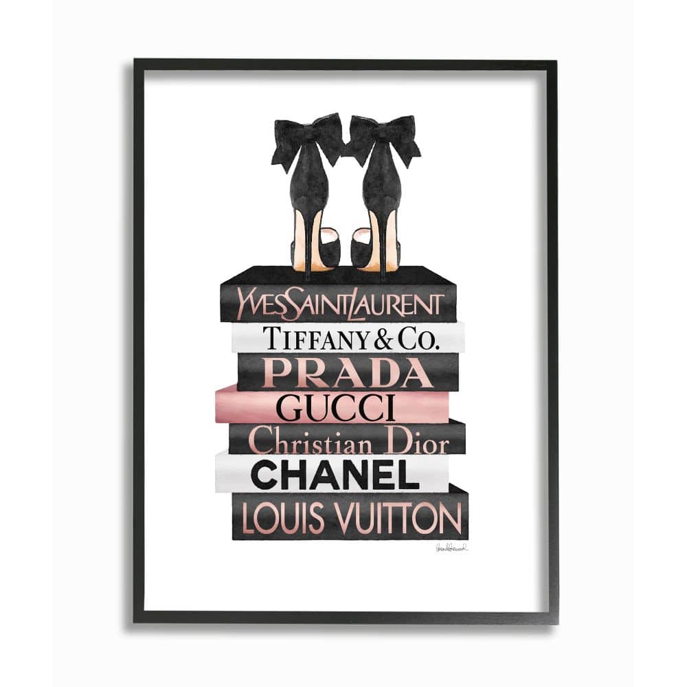 Stupell Industries Elegant Black Bow Heals on Glam Designer Bookstack Framed Wall Art