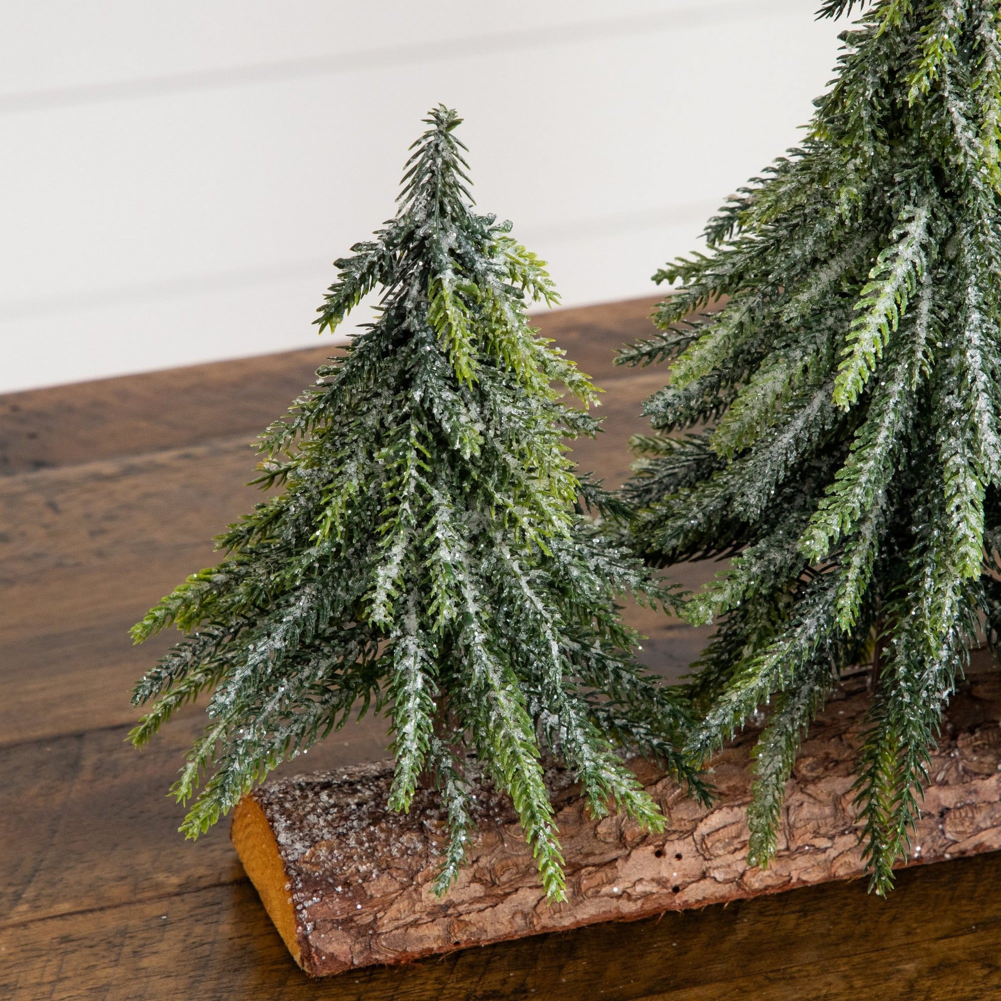 Nearly Natural 11" Unlit Artificial Snowed Downswept Christmas Tree Trio in Rustic Wooden Log Base