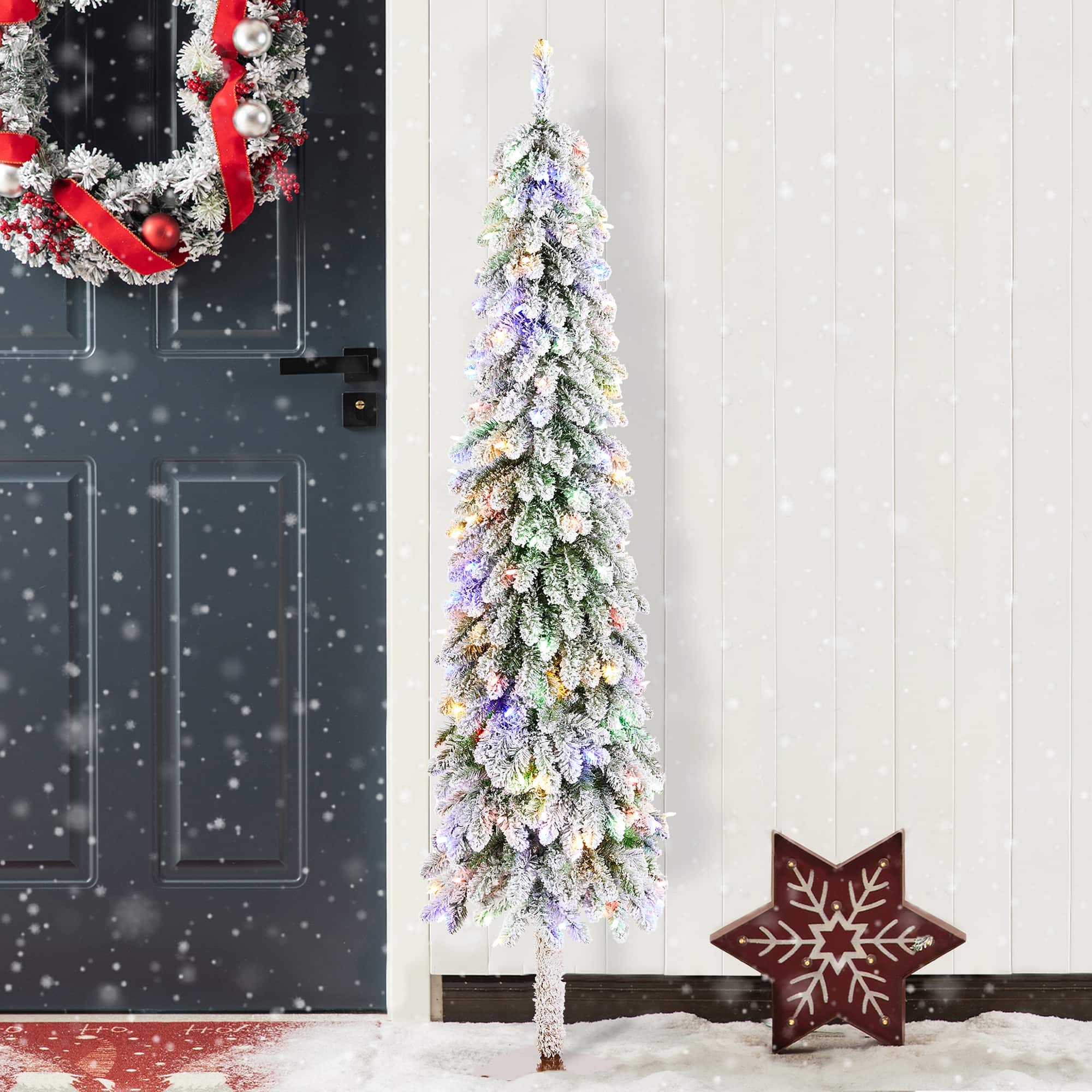 Glitzhome® 6ft Pre-Lit Flocked Artificial Christmas Tree, Warm White Lights
