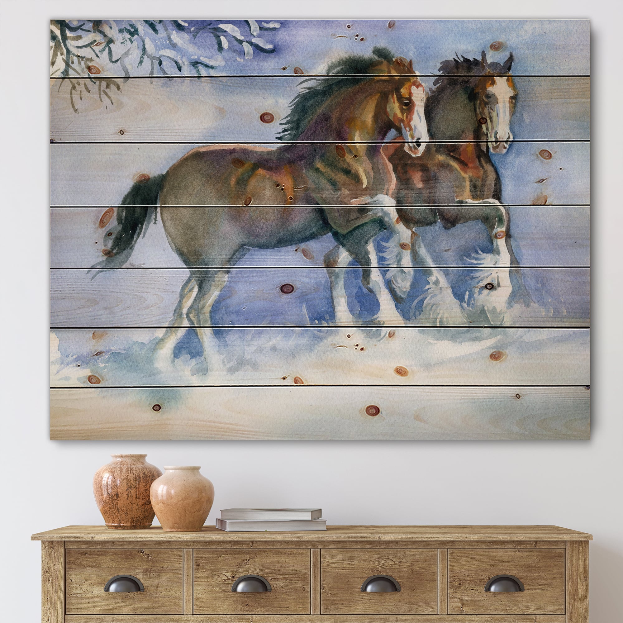 Designart - Horses Running In Winter - Farmhouse Print on Natural Pine Wood