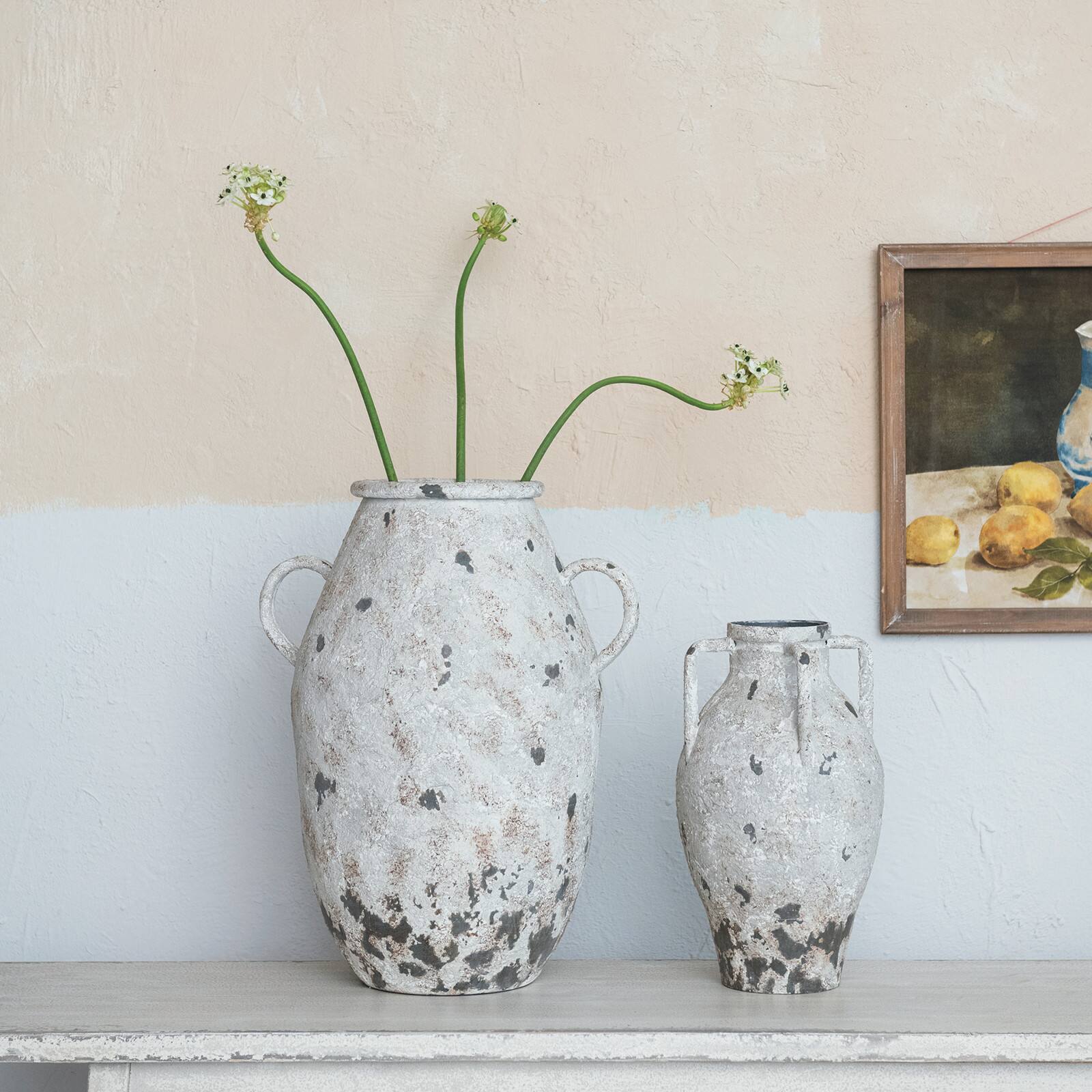Hello Honey® 15.25" White Decorative Metal Urn with Handles & Heavily Distressed Finish