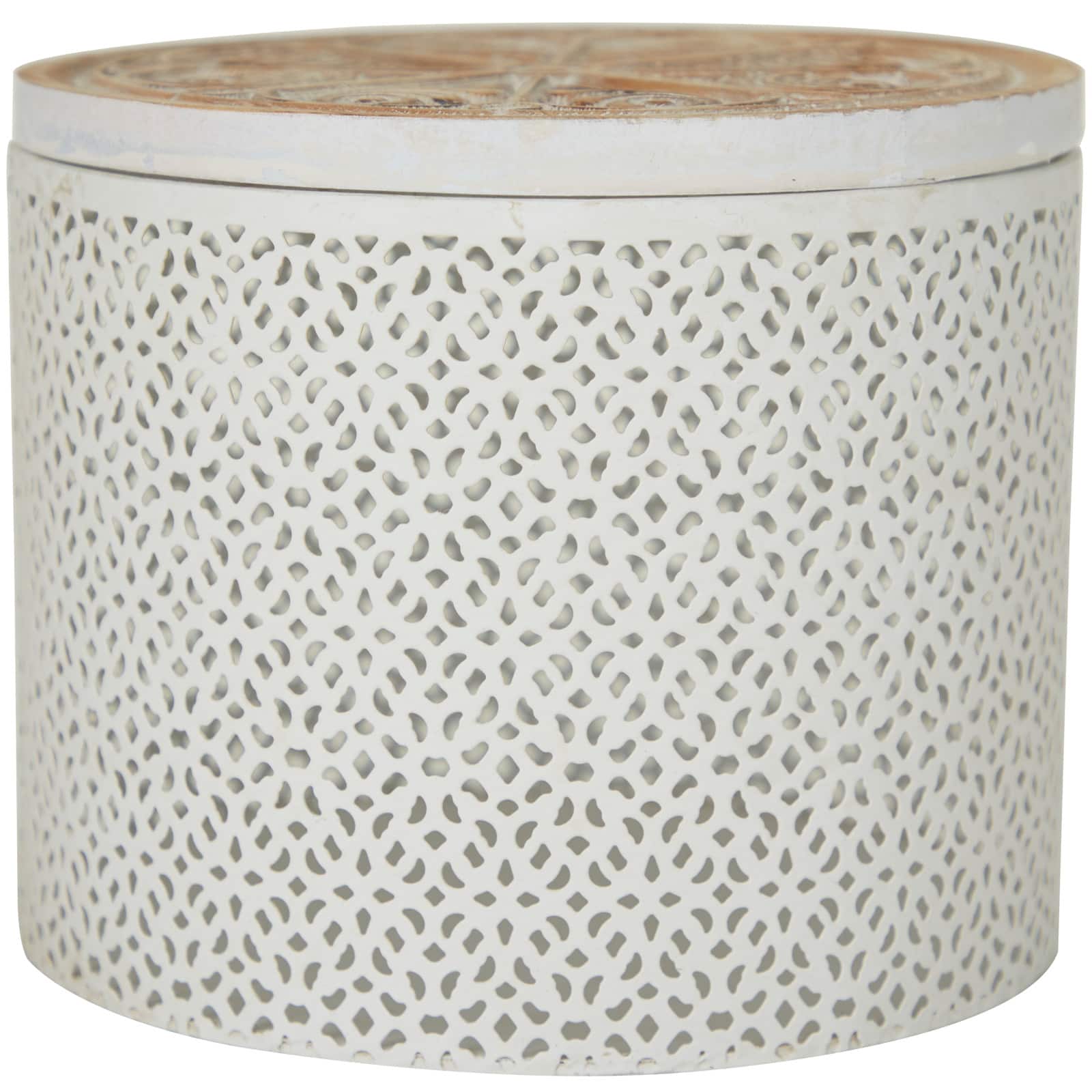 White Metal Laser Cut Metal Decorative Jars with Carved Wood Lids Set