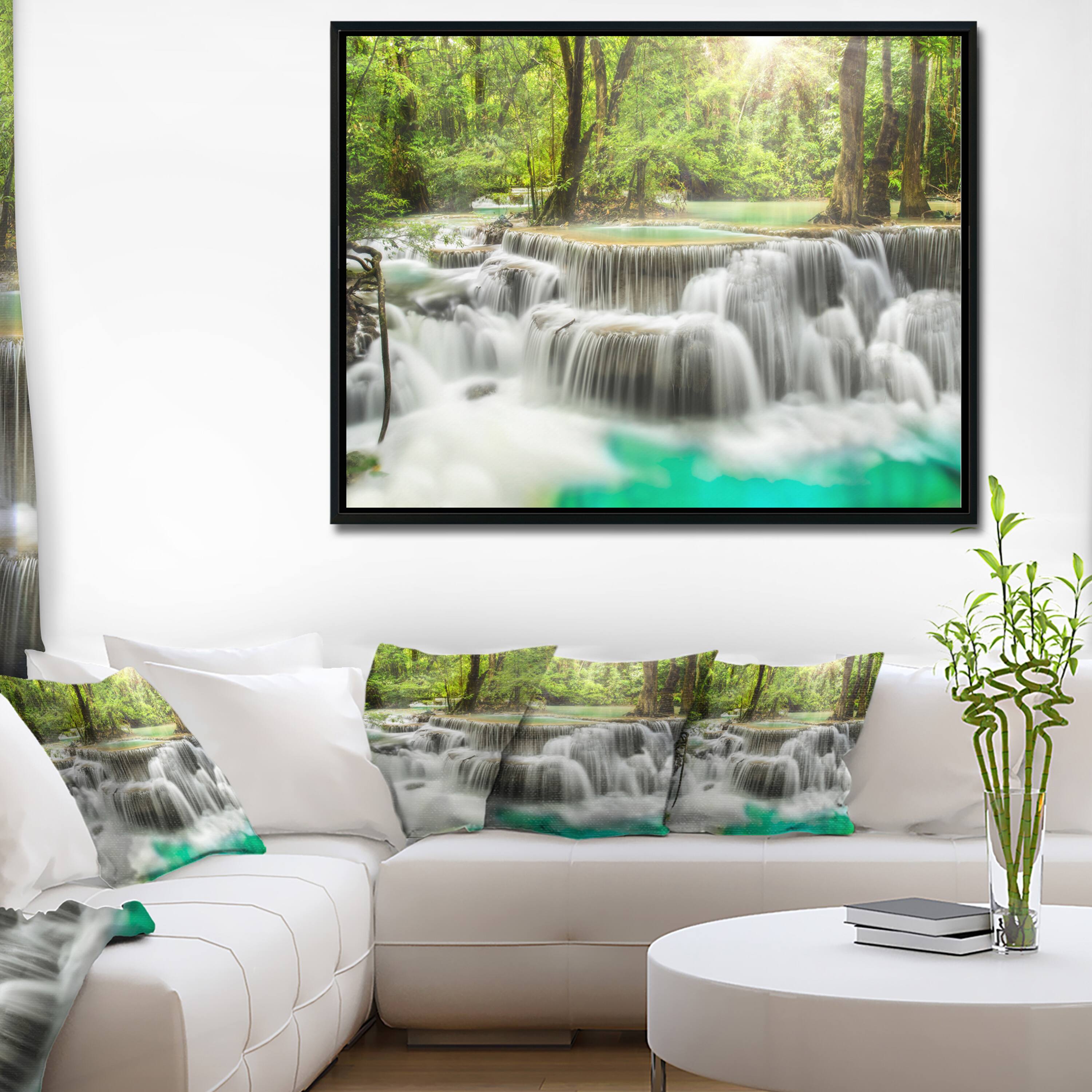 Designart - Kanchanaburi Erawan Waterfall - Photography Canvas Art Print in Black Frame