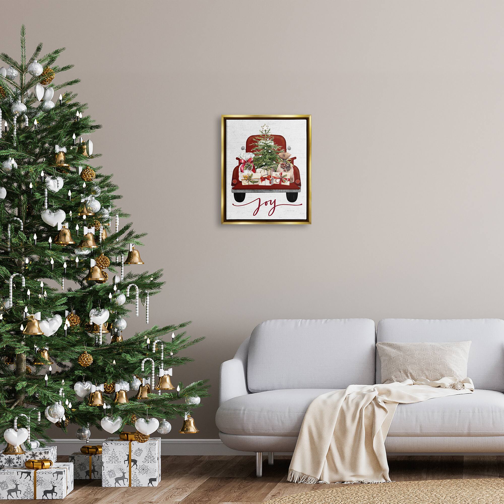 Stupell Industries Joy Holiday Red Gift Truck Framed Floater Canvas Wall Art