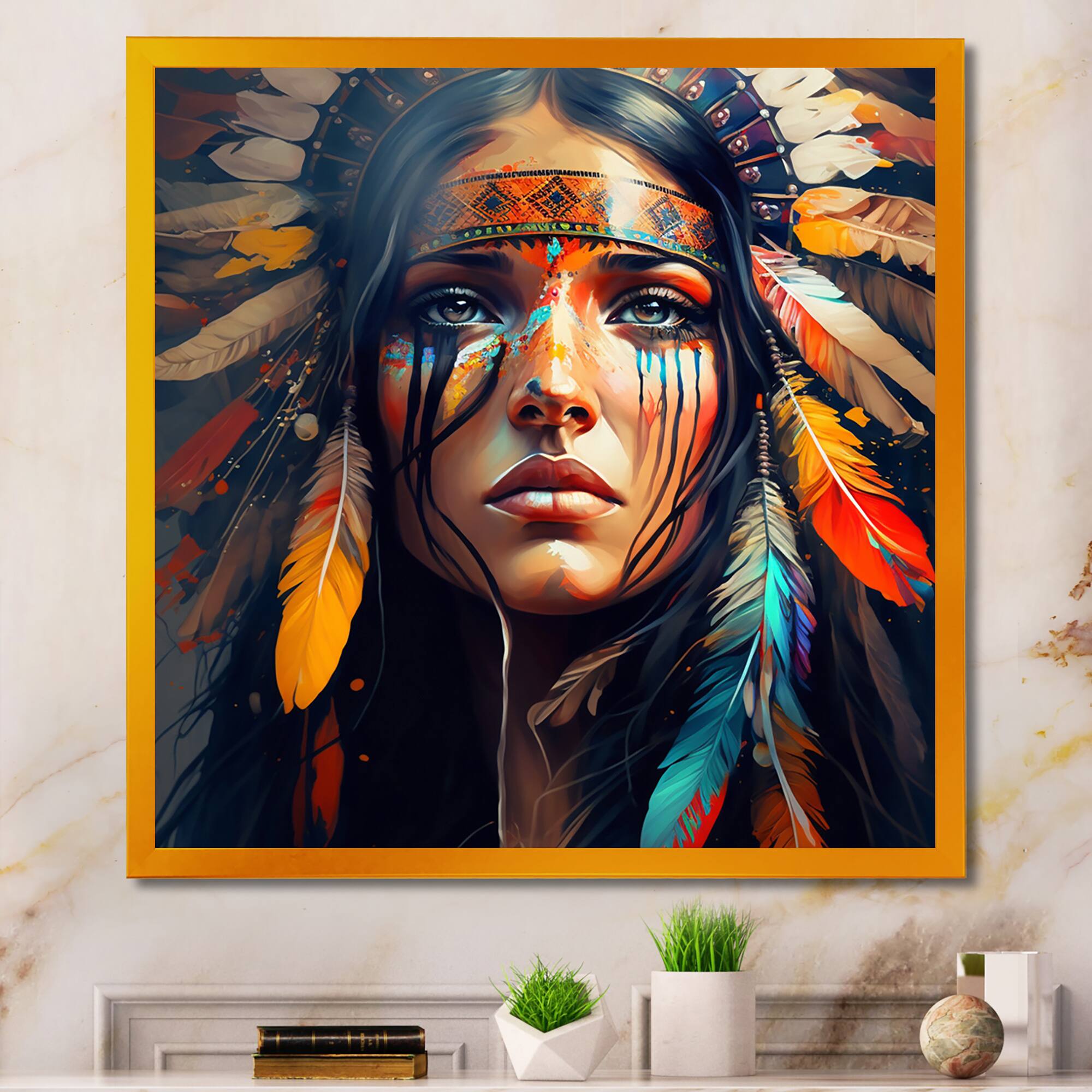 Designart 'Colorful Native American Woman VI' Contemporary Glam Framed Canvas Wall Art