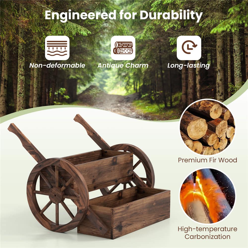 Costway 2-Tier Rustic Wood Wagon Planter with Wheels Handles & Drainage