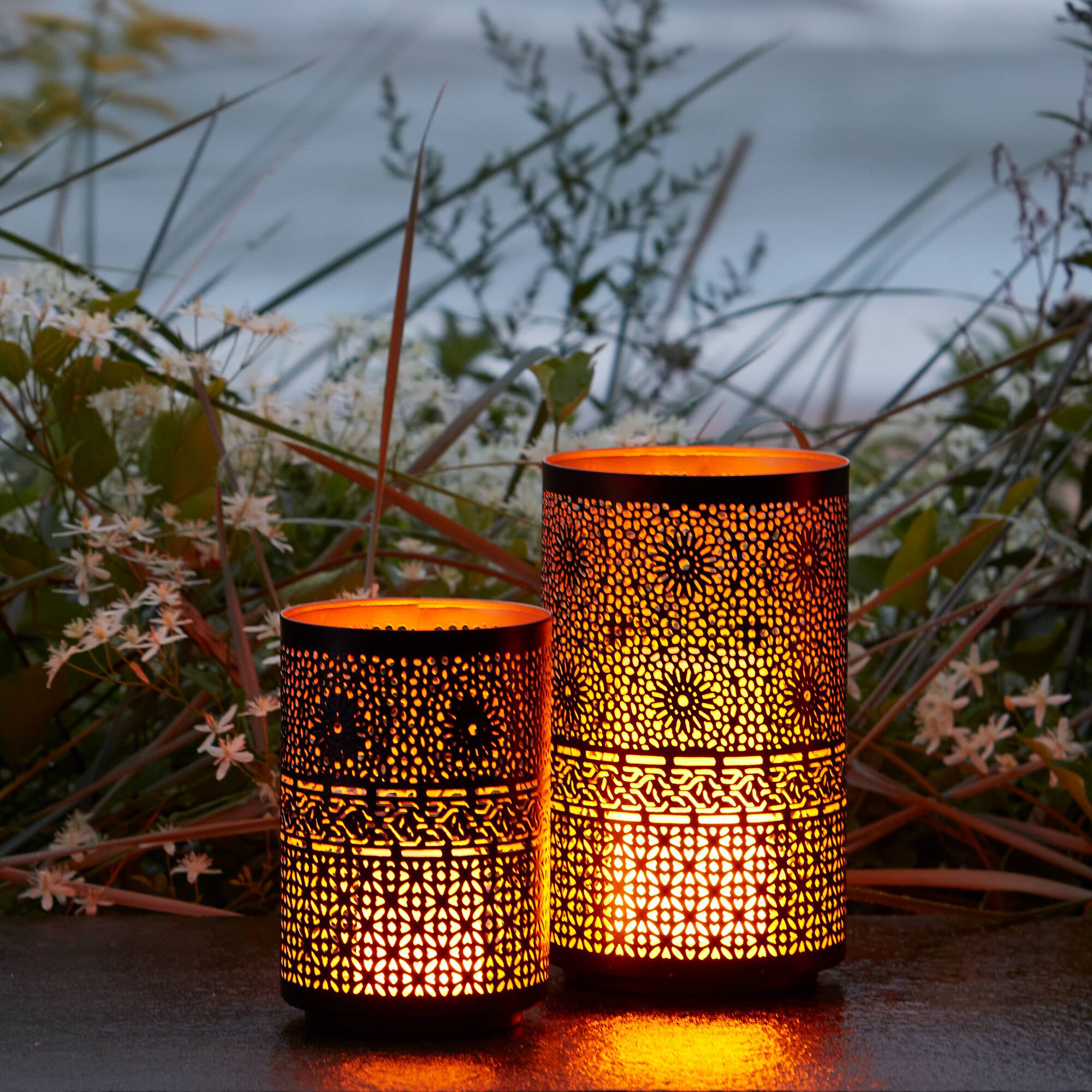 Black & Gold Mandala Punched Metal Candle Holder Set