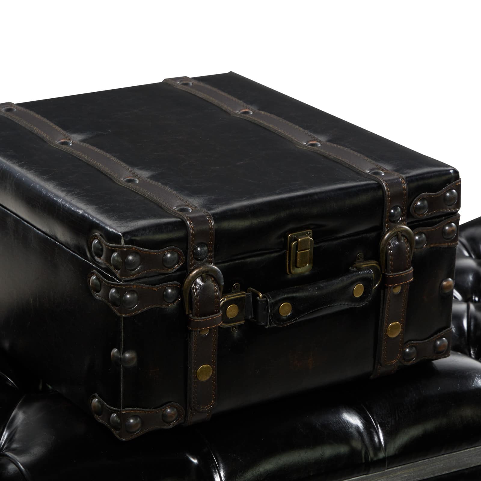 Industrial Rectangular Black Faux Leather and Wood Storage Bench, 19" x 47" x 16"