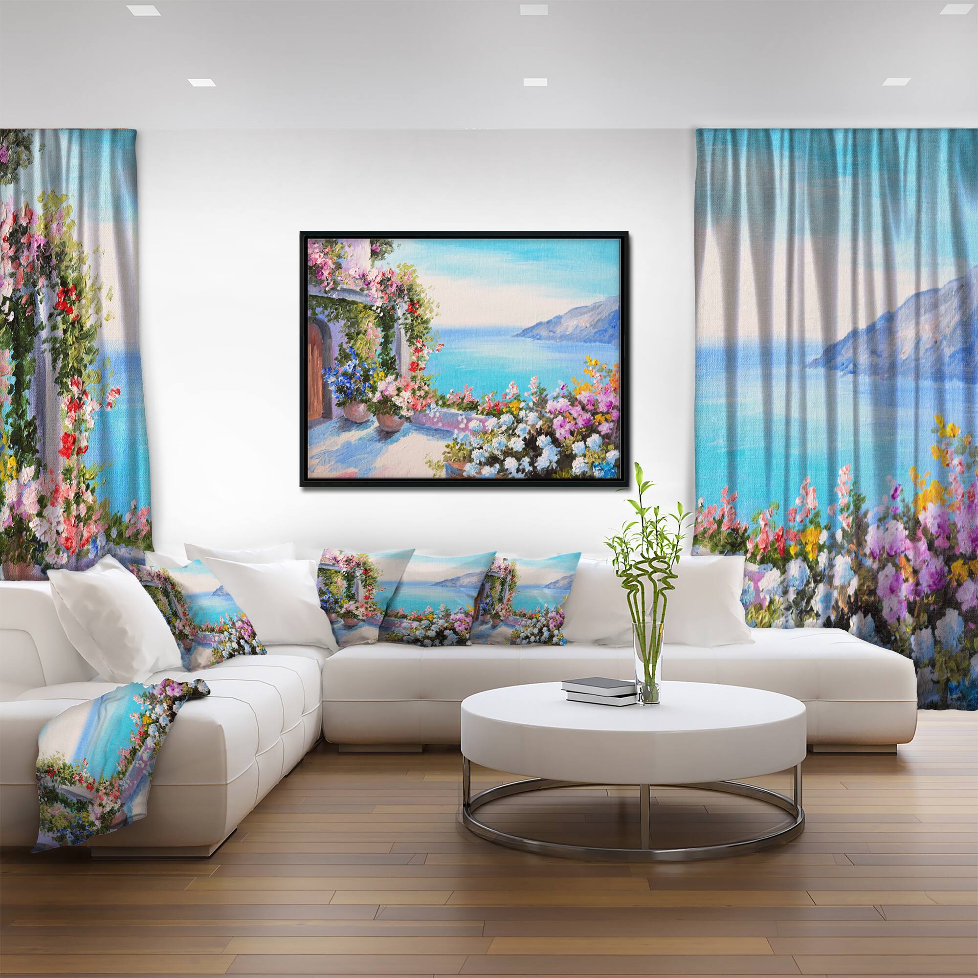 Designart - Sea and Flowers - Landscape Art Print Canvas in Black Frame