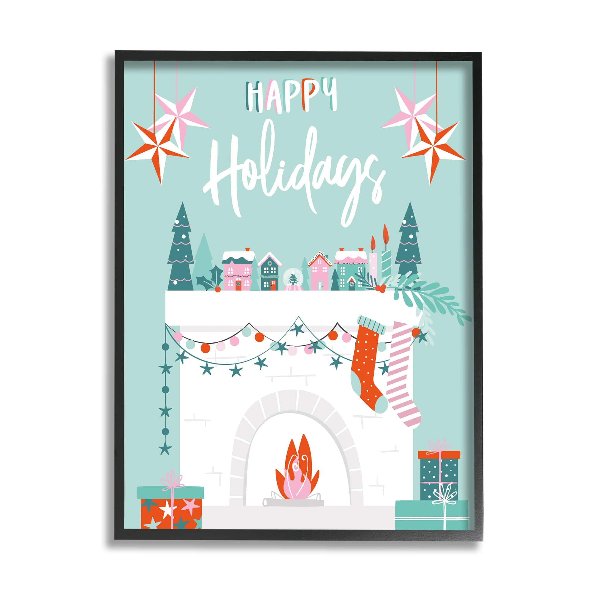 Stupell Industries Happy Holidays Festive Mantel Stockings Framed Giclee Art
