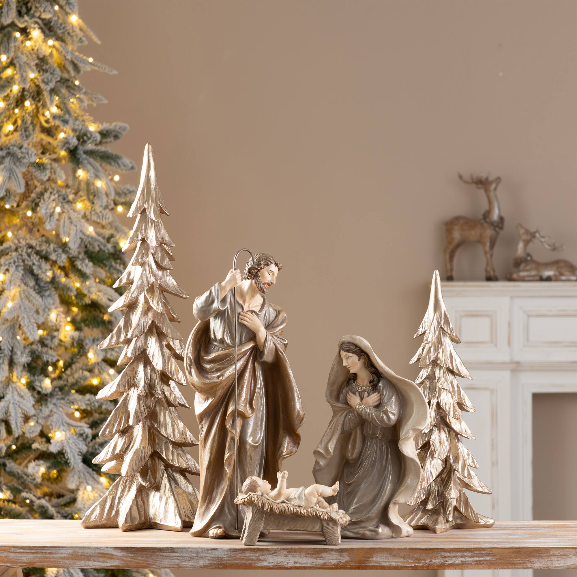 Glitzhome® 5-Piece Brown Resin Holy Family & Christmas Trees Figurine Set