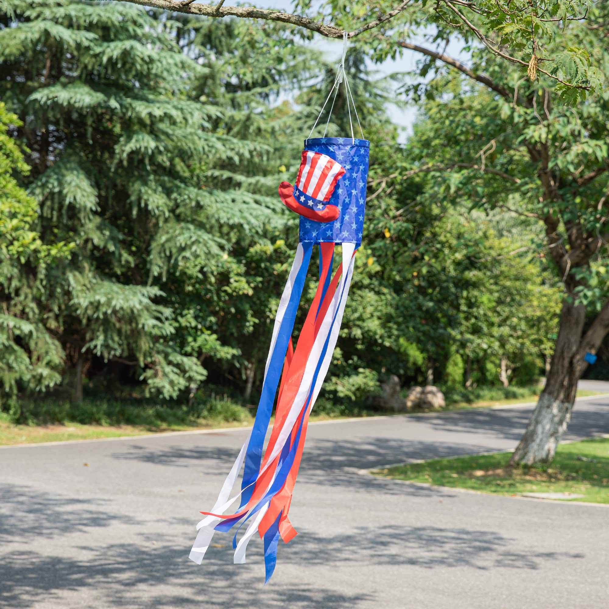 Glitzhome® 44" Patriotic Americana Uncle Sam Hat & Fireworks Windsocks Set