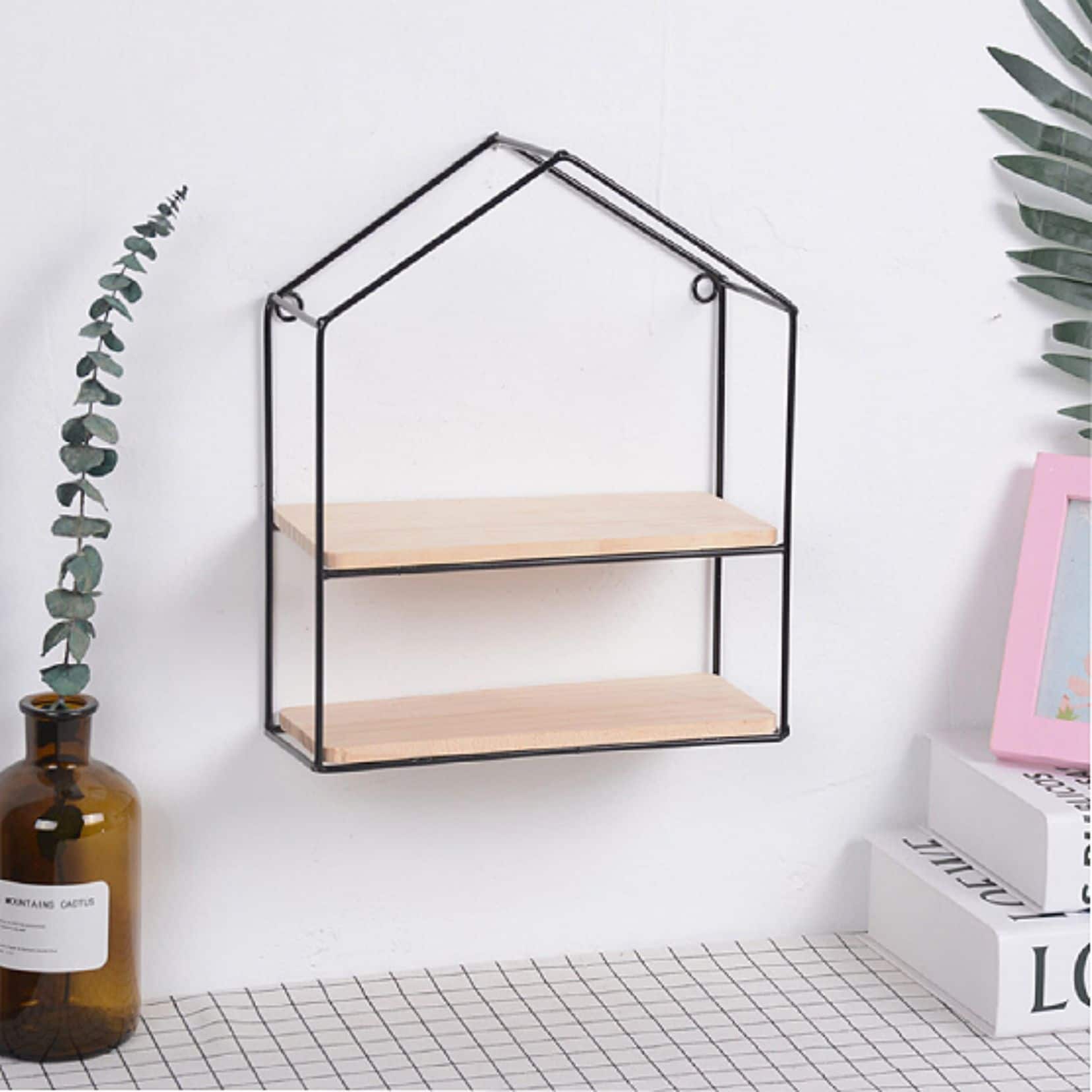 NEX™ Black 2-Tier Iron House Floating Wall Shelf